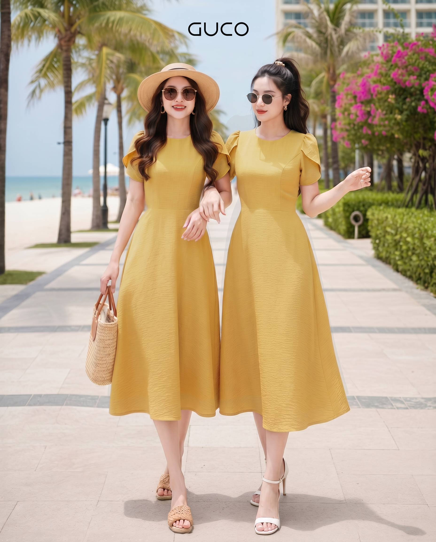 GUCO Đầm Midi Vàng Tay Cách Điệu_thumbnail_1