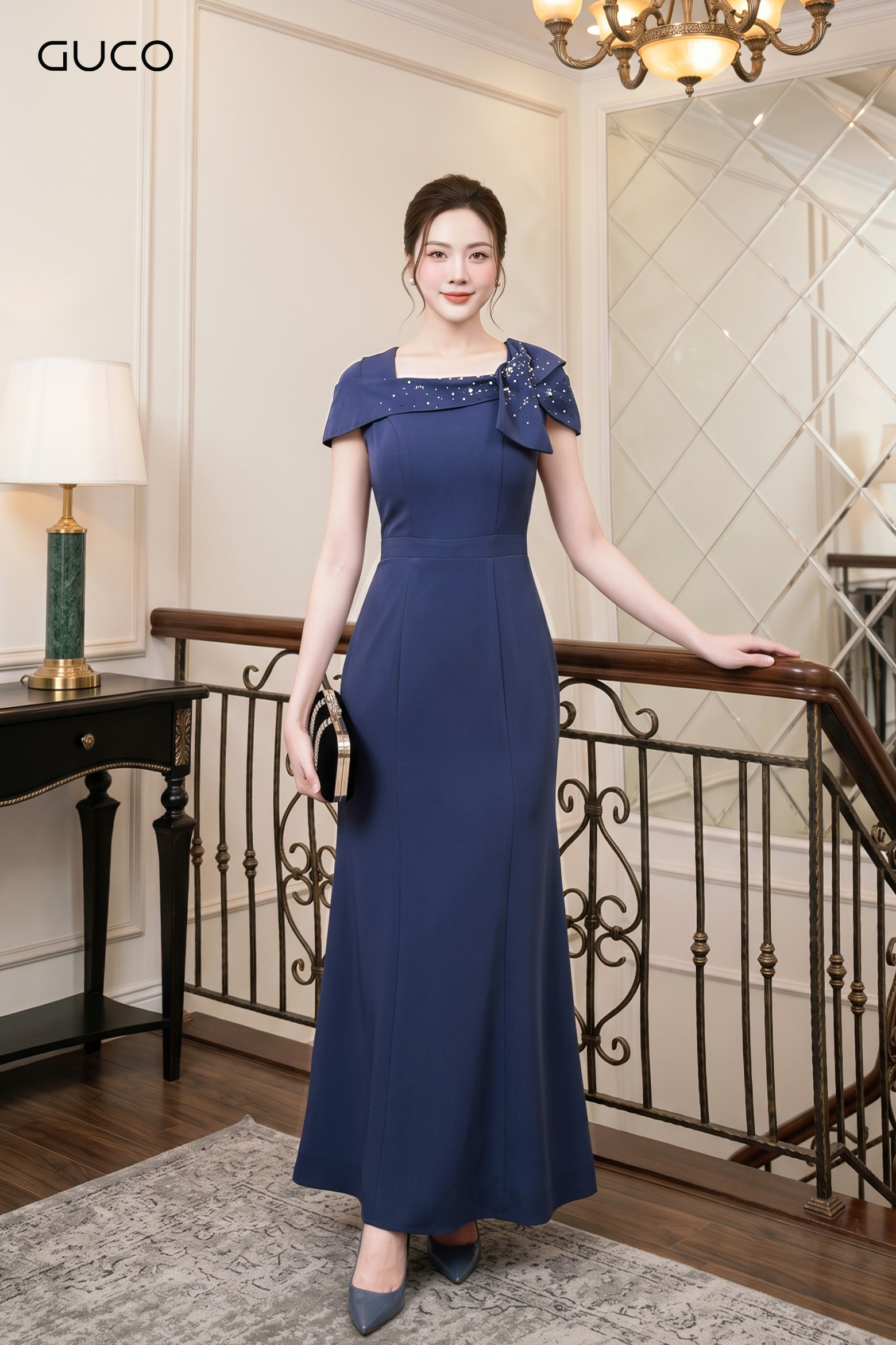 Đầm Dạ Hội Xanh Phối Nơ Đính Đá