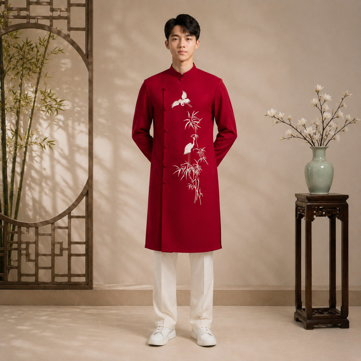 Áo Dài Nam Cách Tân Taffeta Đỏ Đô Thêu Trúc Quân Tử Cao Cấp NA26-21