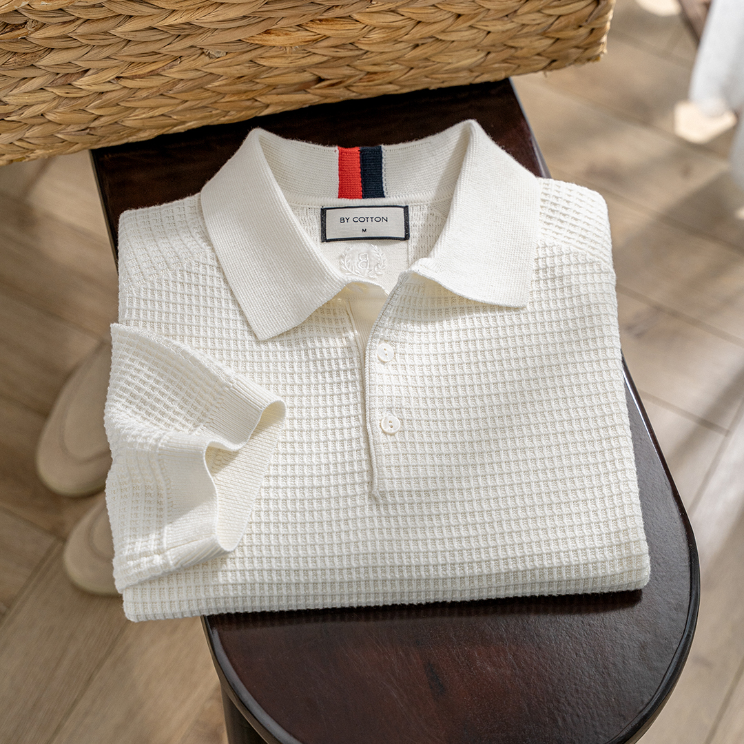 Áo Polo Dệt Kim Waffle Trắng Phối Cổ Đỏ Xanh