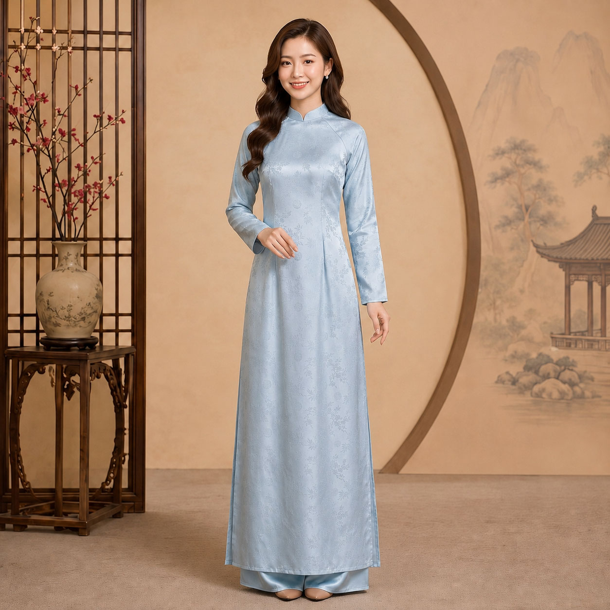 Áo Dài Truyền Thống Nữ Gấm Trúc Đào Thanh Lịch Mặc Lễ, Tết, Chụp Ảnh TT26-03