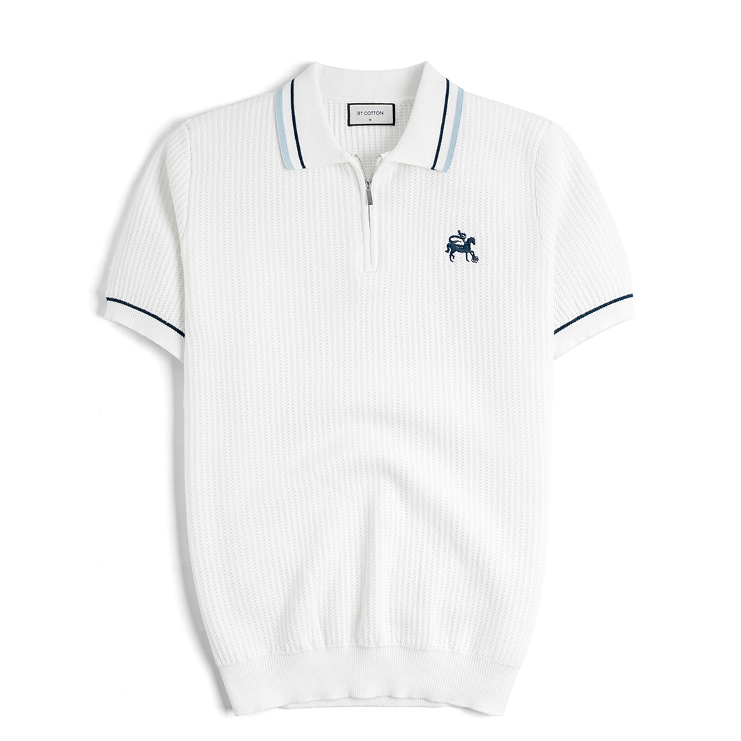 Áo Polo Dệt Kim Phối Viền Cổ Xanh Nhạt Có Khóa Zip