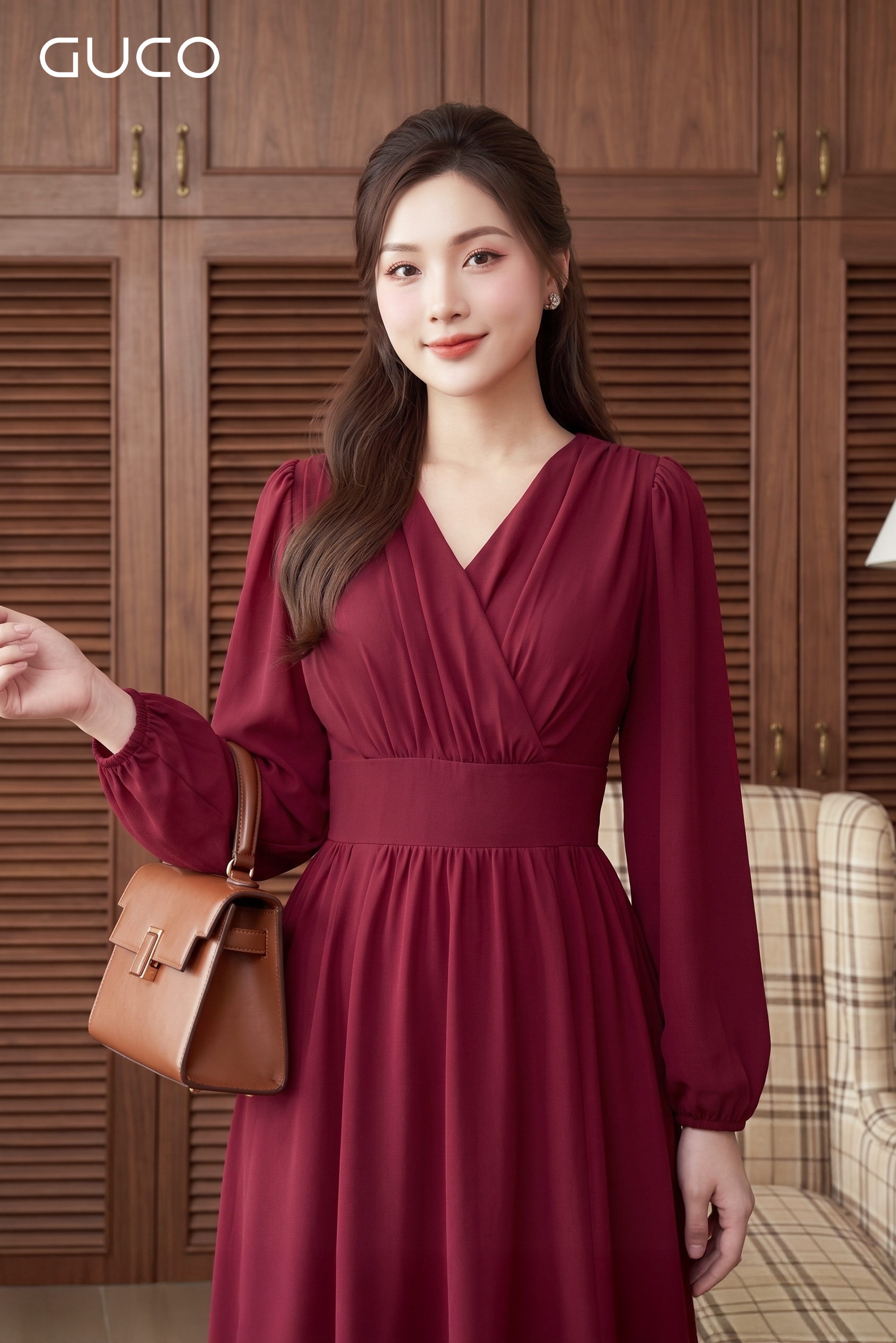 Đầm Maxi Đỏ Ruby Cổ V Chéo Tay Dài - 5194_thumbnail_1