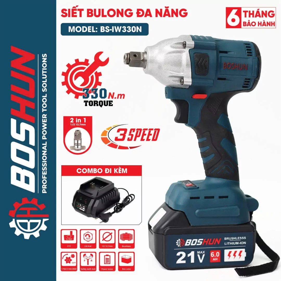 Máy Siết Bulong Lực 330Nm S-IW330N -Không Chổi Than, Lõi Đồng 100%, Đầu 1/2 lắp được vít