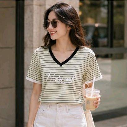 Áo Thun sọc ngang cổ tim Free Size 45-75kg Co Giãn 4 Chiều Tôn Dáng Mềm Mịn Thoáng Mát Dễ Phối Phong Cách_thumbnail_5