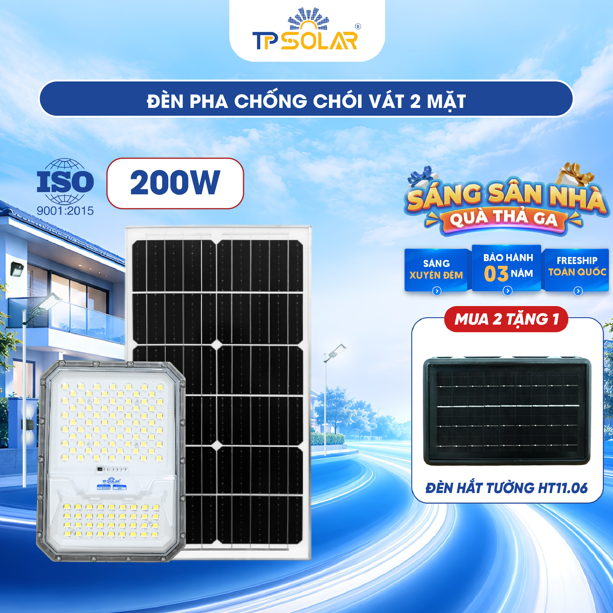 Đèn pha chống chói vát 2 mặt năng lượng mặt trời TP.DP12