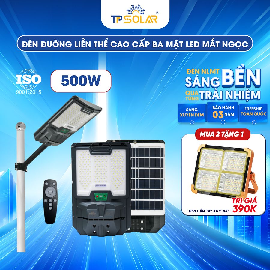 Đèn đường liền thể cao cấp 3 mặt LED mắt ngọc năng lượng mặt trời TP SOLAR LT11