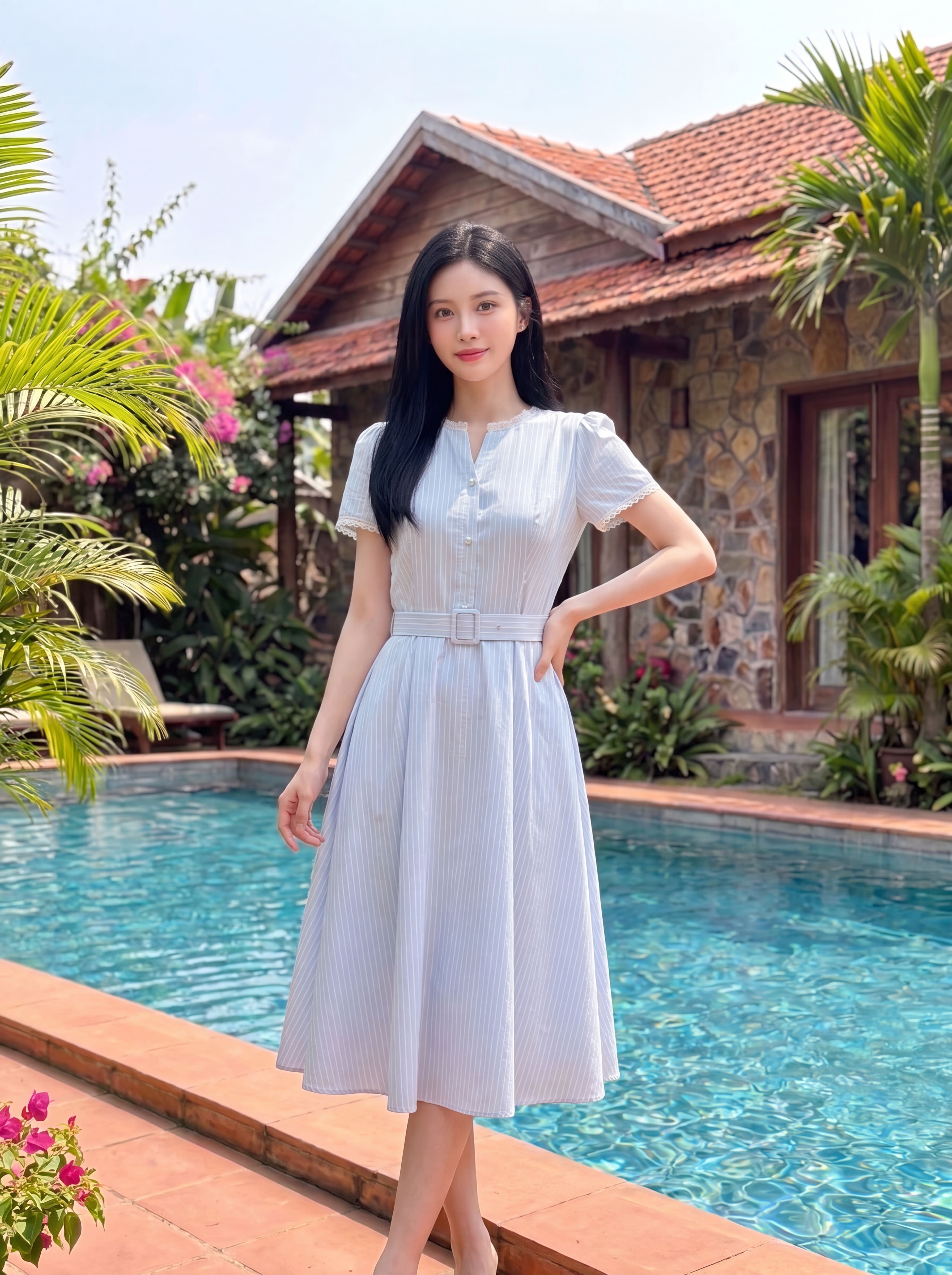 Váy cộc tay cổ phối ren 606011_thumbnail_3