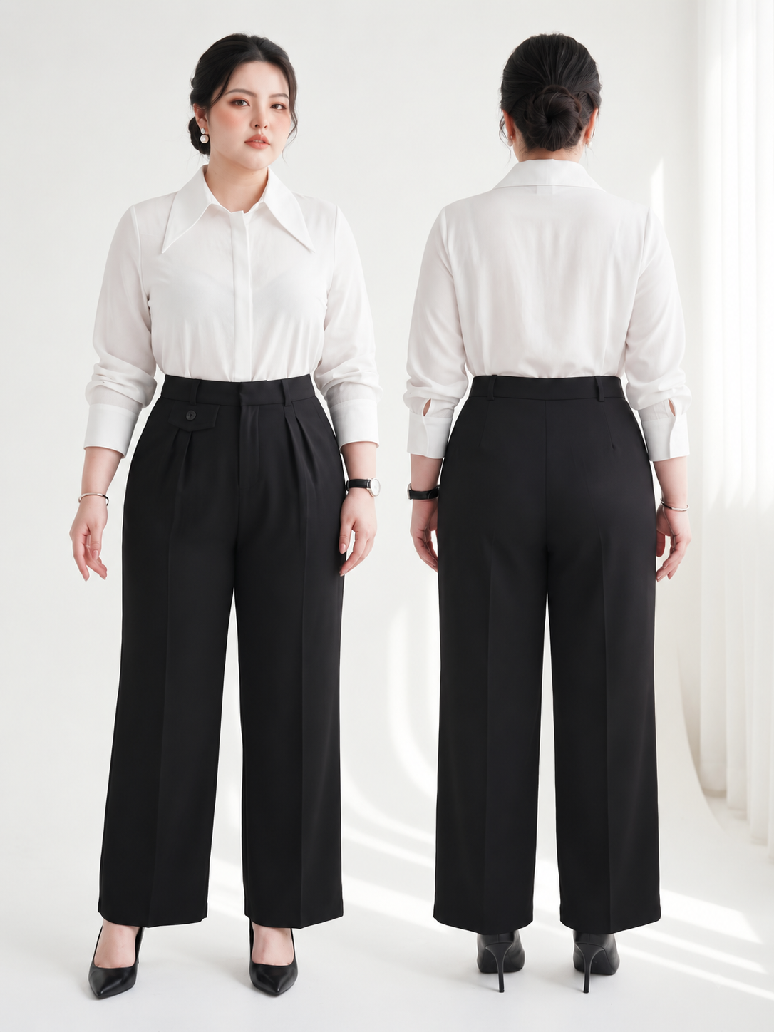 Model wearing black V-QD037 pants, showing the high waist, front pleats and straight legs