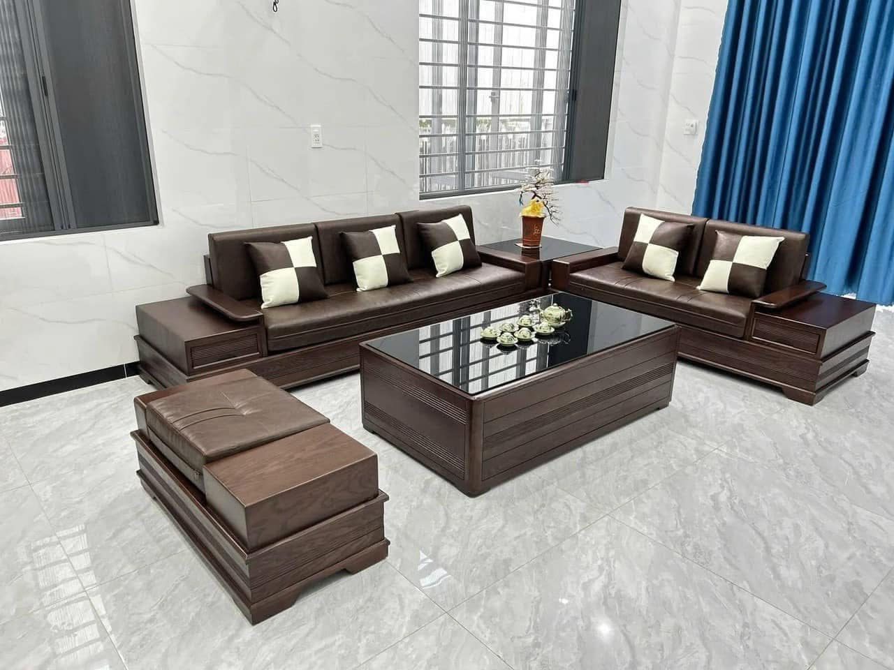Sofa pháo 2 văng màu nâu trầm, đệm màu nâu