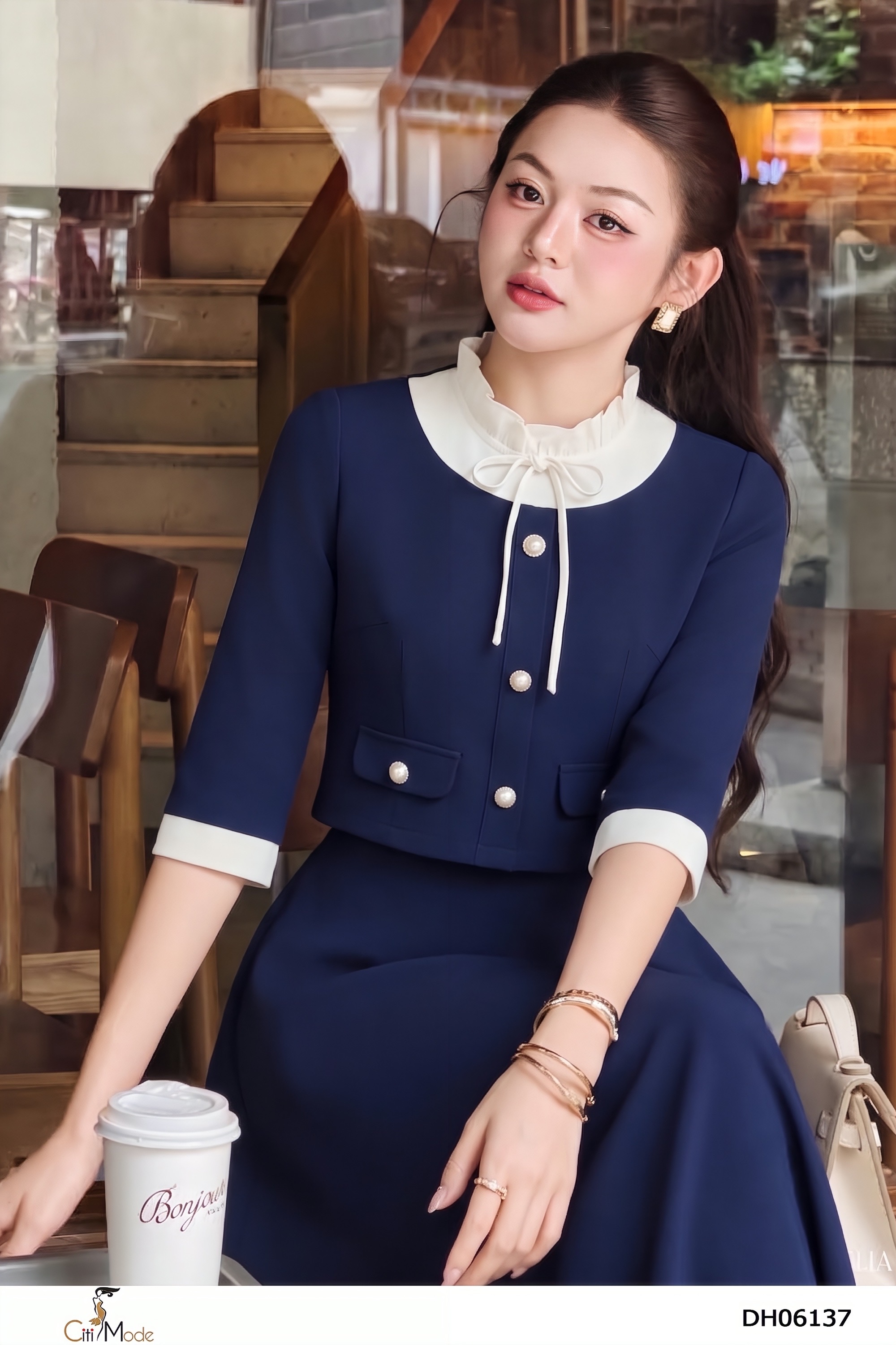 Đầm xòe xanh đen giả set cổ nhún phối trắng tay lỡ_thumbnail_2