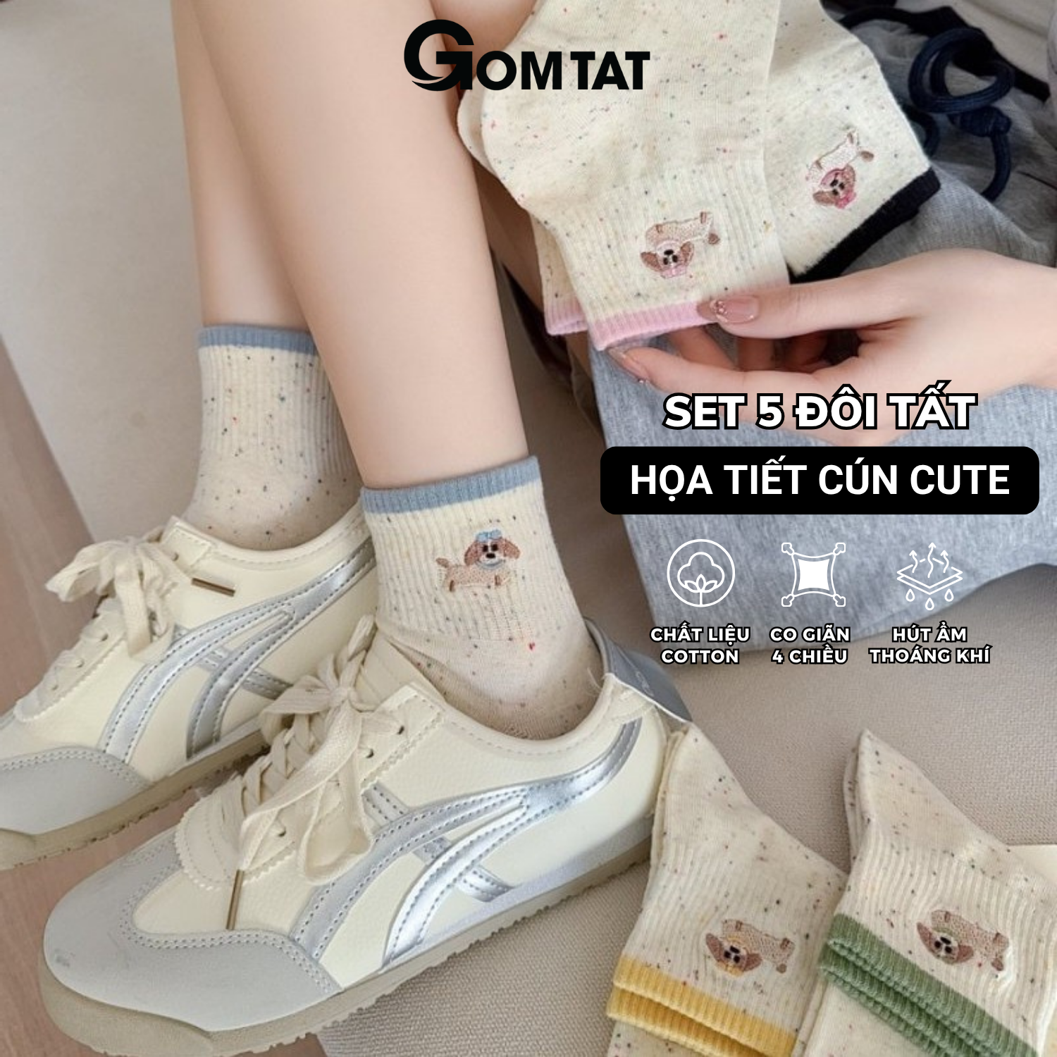 Set 5 đôi tất nữ cổ ngắn họa tiết cún GOMTAT, chất liệu cotton cao cấp mềm mịn, hút ẩm thoáng khí - ZFK-A003_thumbnail_1