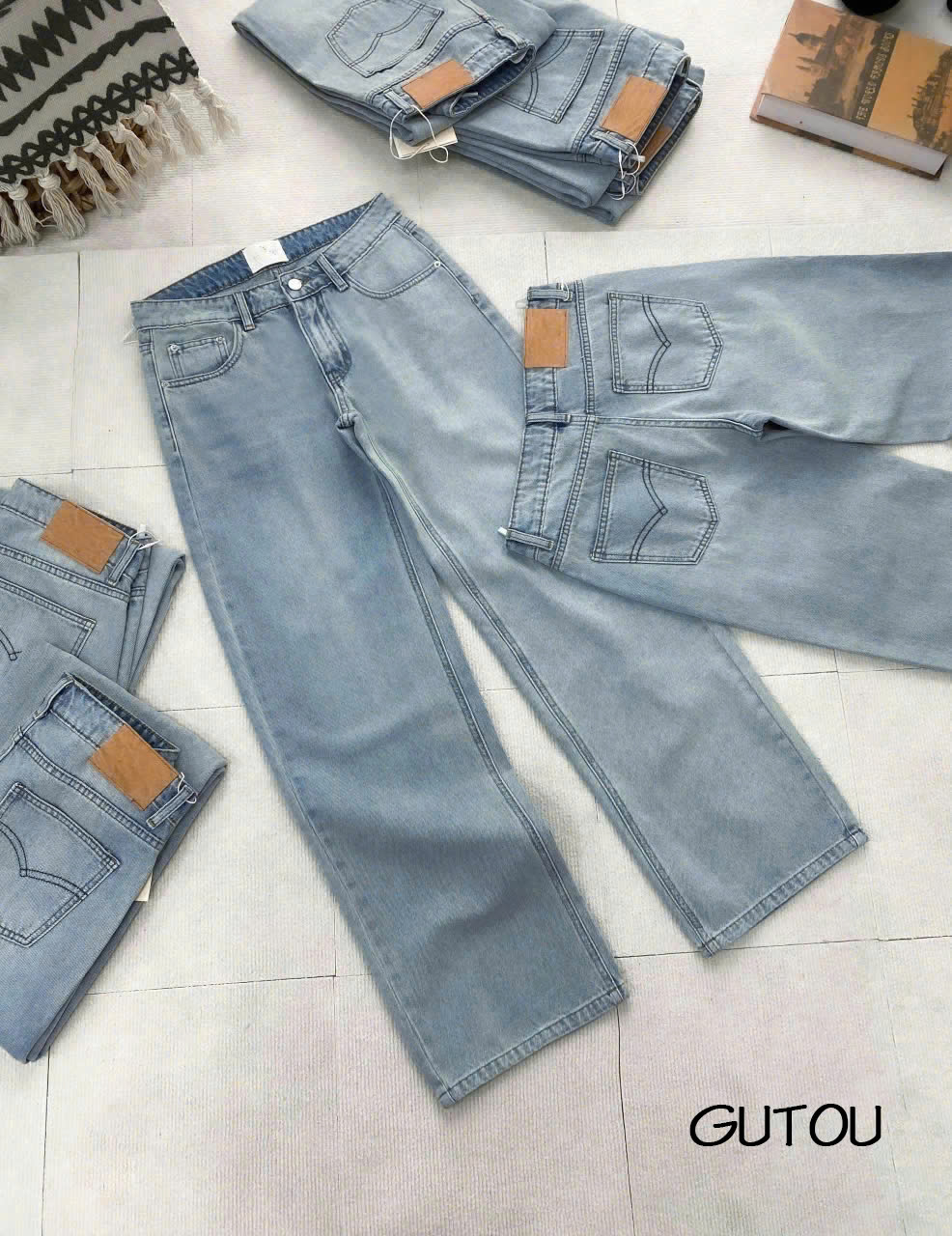 [ GUTOU ] Quần Jean Suông Đường May Nổi Túi Sau Basic Trendy_thumbnail_11