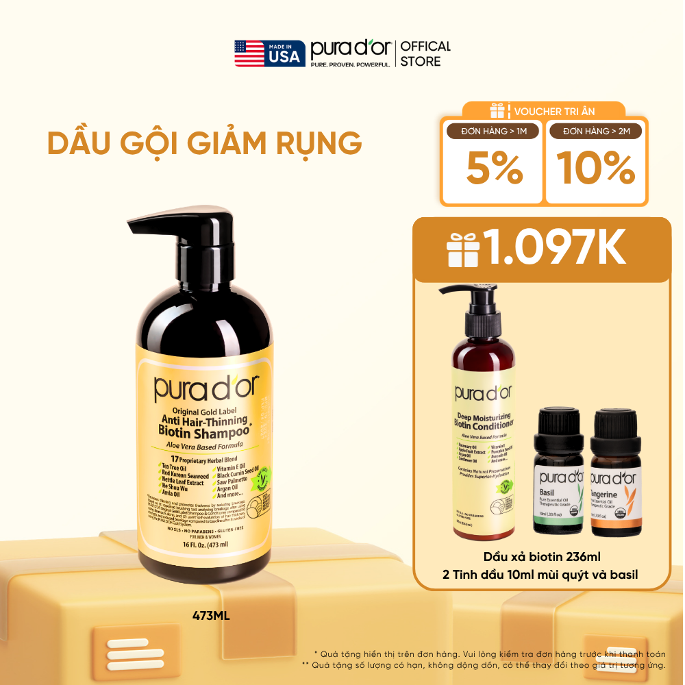 Dầu Gội Biotin Pura D'or Original Gold Label Chăm Sóc Da Đầu, Giảm Rụng Tóc, Hỗ Trợ Mọc Tóc 473ml