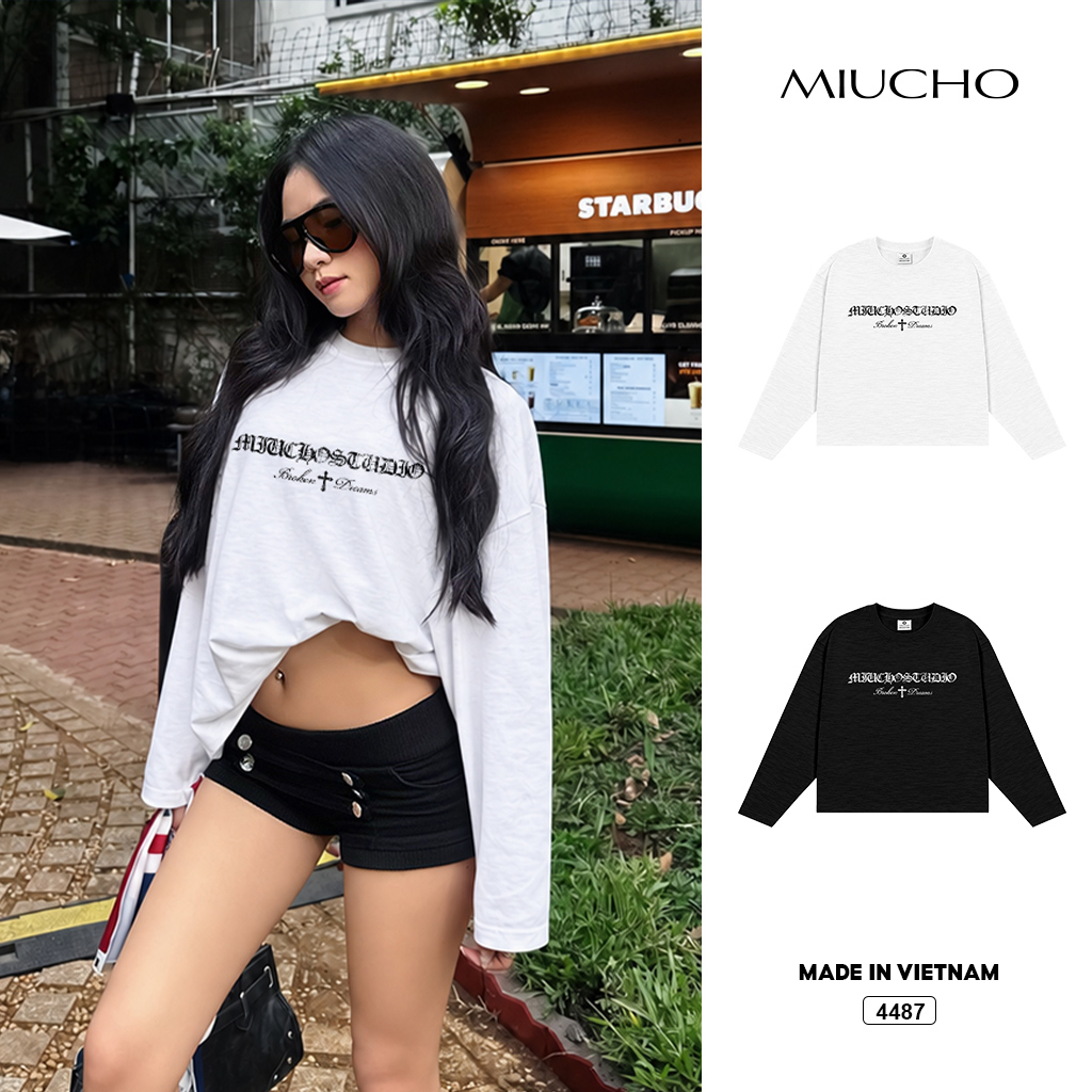Áo thun tay dài boxy Miucho cotton xược Hàn Quốc mềm mịn 4487