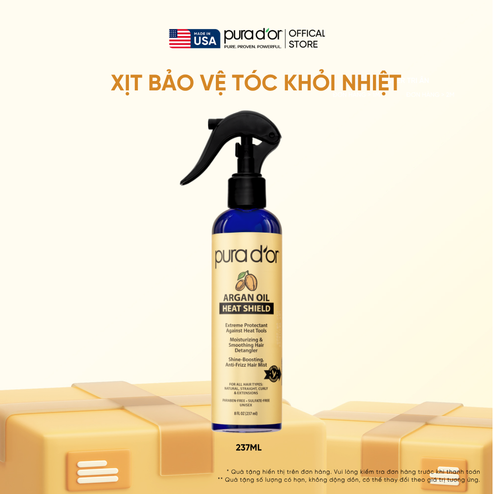 Xịt Dưỡng Giúp Bảo Vệ Tóc Khỏi Nhiệt Pura D'or Argan Oil Heat Shield Chiết Xuất Thiên Nhiên 237ml