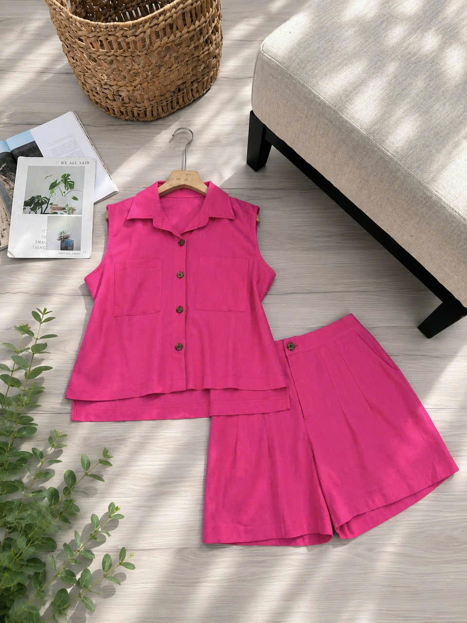 Bộ linen bột đùi áo sơ mi sát nách 2 túi lệch tà_thumbnail_5
