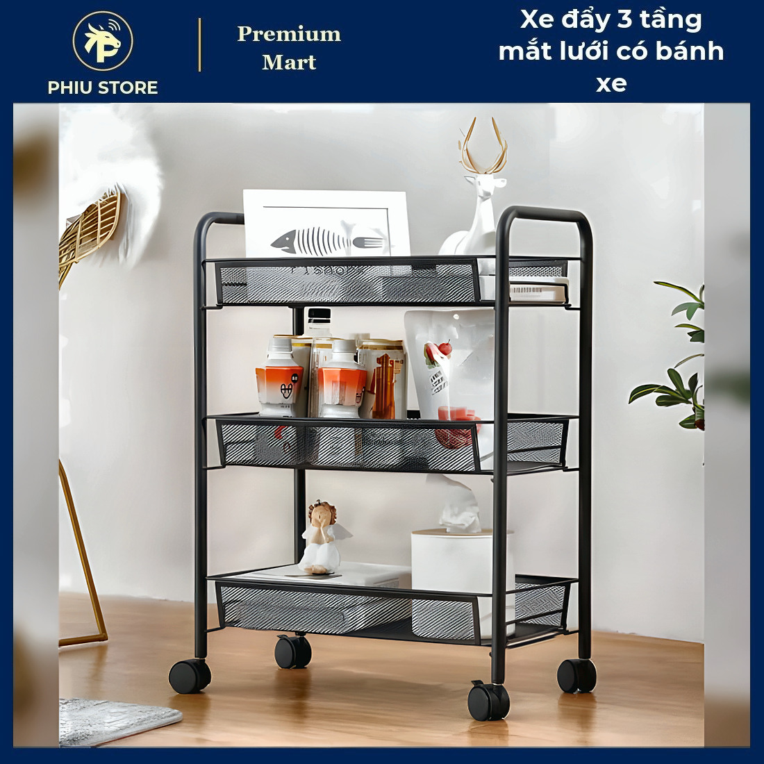 Kệ Để Đồ có Bánh Xe - Xe Đẩy 3 Tầng Mắt Lưới có Bánh Xe, Kệ Để Đồ 3 Tầng có Bánh Xe - PHIU STORE_thumbnail_3