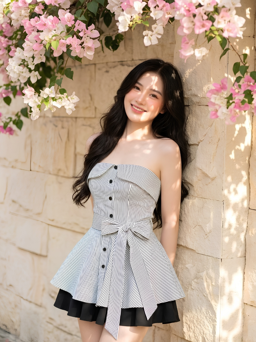 M34 - Set Áo Cúp Ngực Peplum Kẻ Sọc & Chân Váy Xòe
