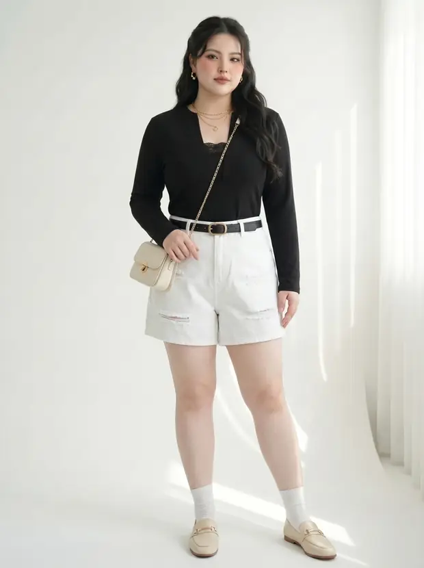 Mẫu mặc quần short jean lửng rách bigsize trắng T-QSJ4024 nhìn mặt trước
