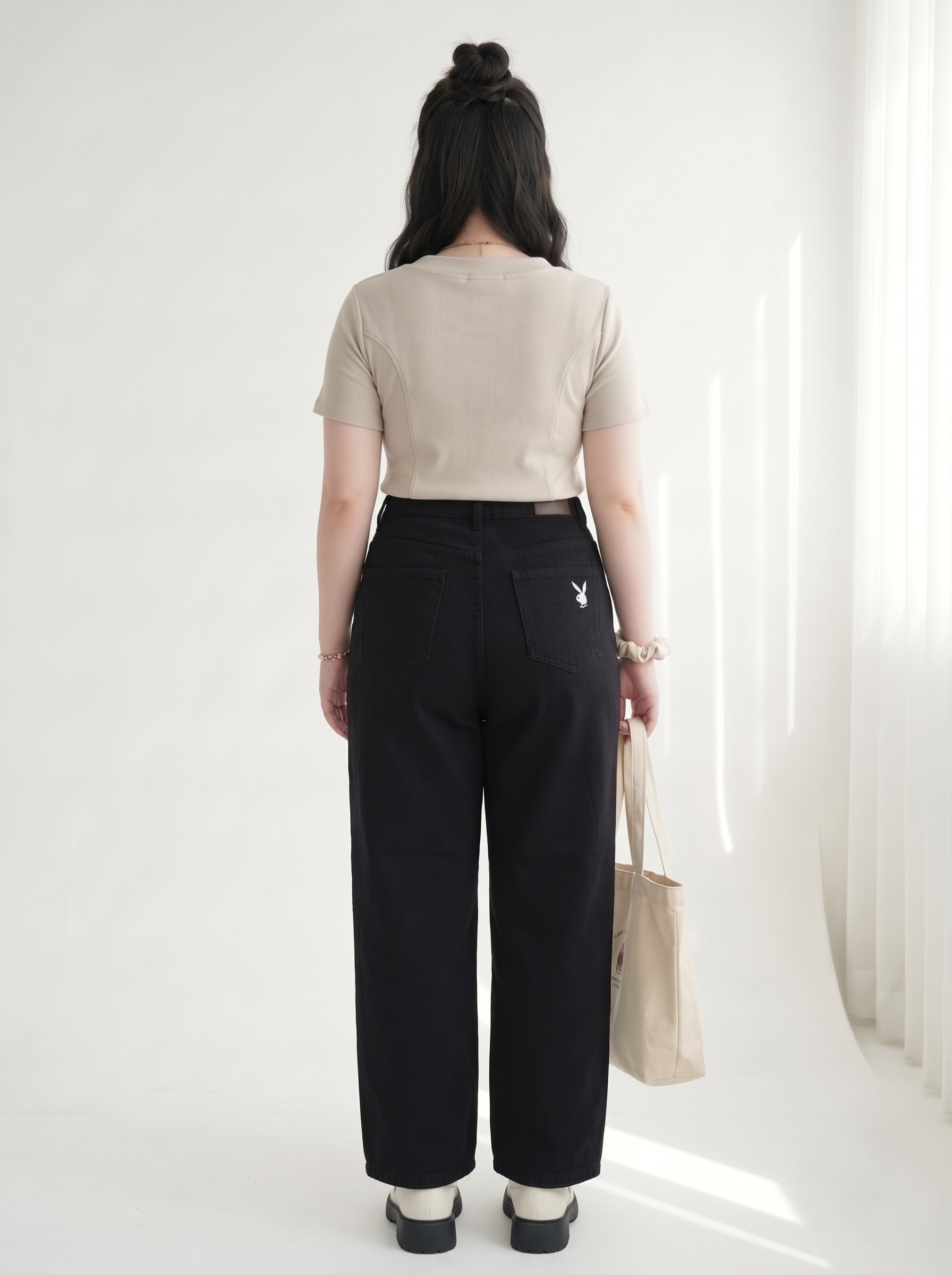 Quần Jean Ống Suông Nấm Thêu Thỏ Bigsize Cạp Cao Không Co Giãn - Be, Đen, Trắng - Vừa 55–90kg - T-QJ5045_thumbnail_4