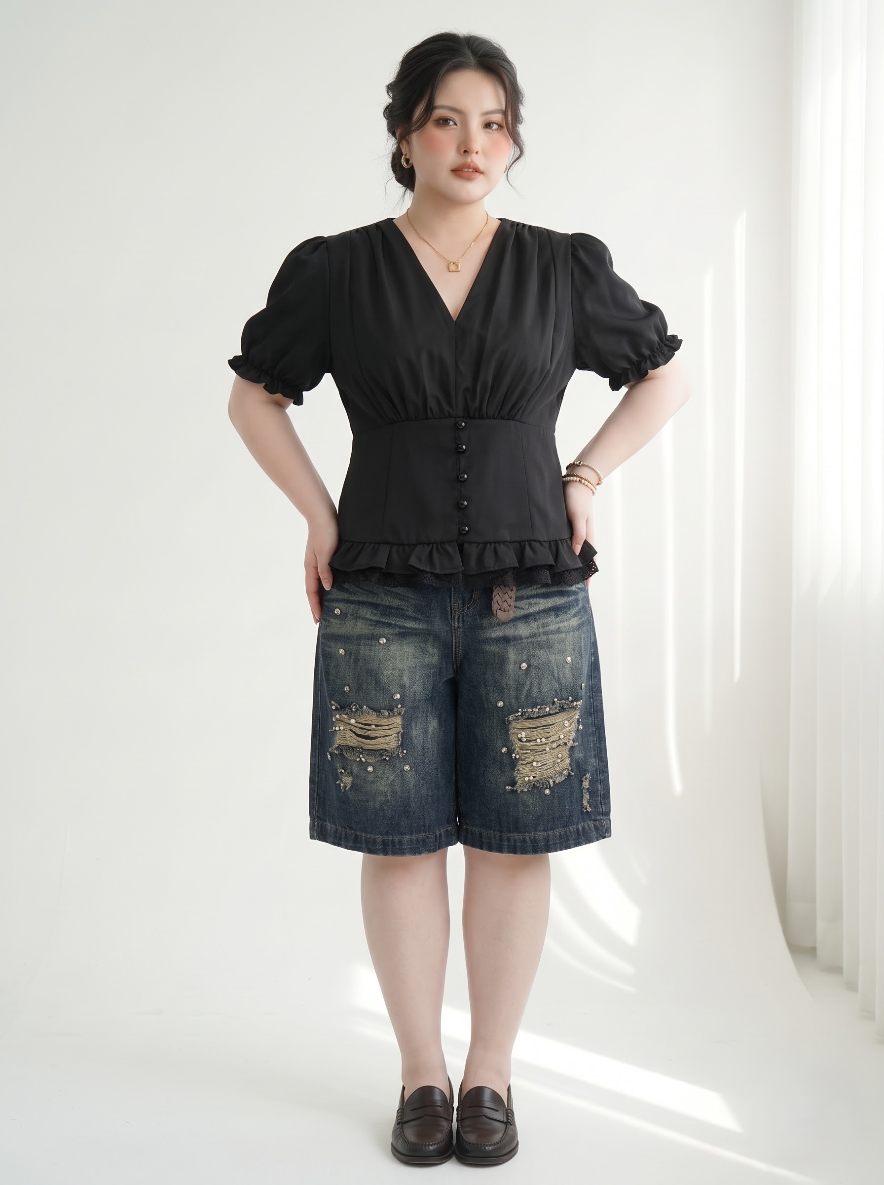 Quần Jean Lửng Bigsize Nữ Lưng Thun Đính Đá Dáng A Rộng Dài 65cm - Xanh Đậm/Xanh Nhạt - Vừa 55–90kg - T-QSJ83