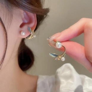 Bông tai ngọc trai Hàn Quốc mới năm 2022, thiết kế độc đáo, kiểu lá đính kim cương lấp lánh, bông tai đính đá sang trọng