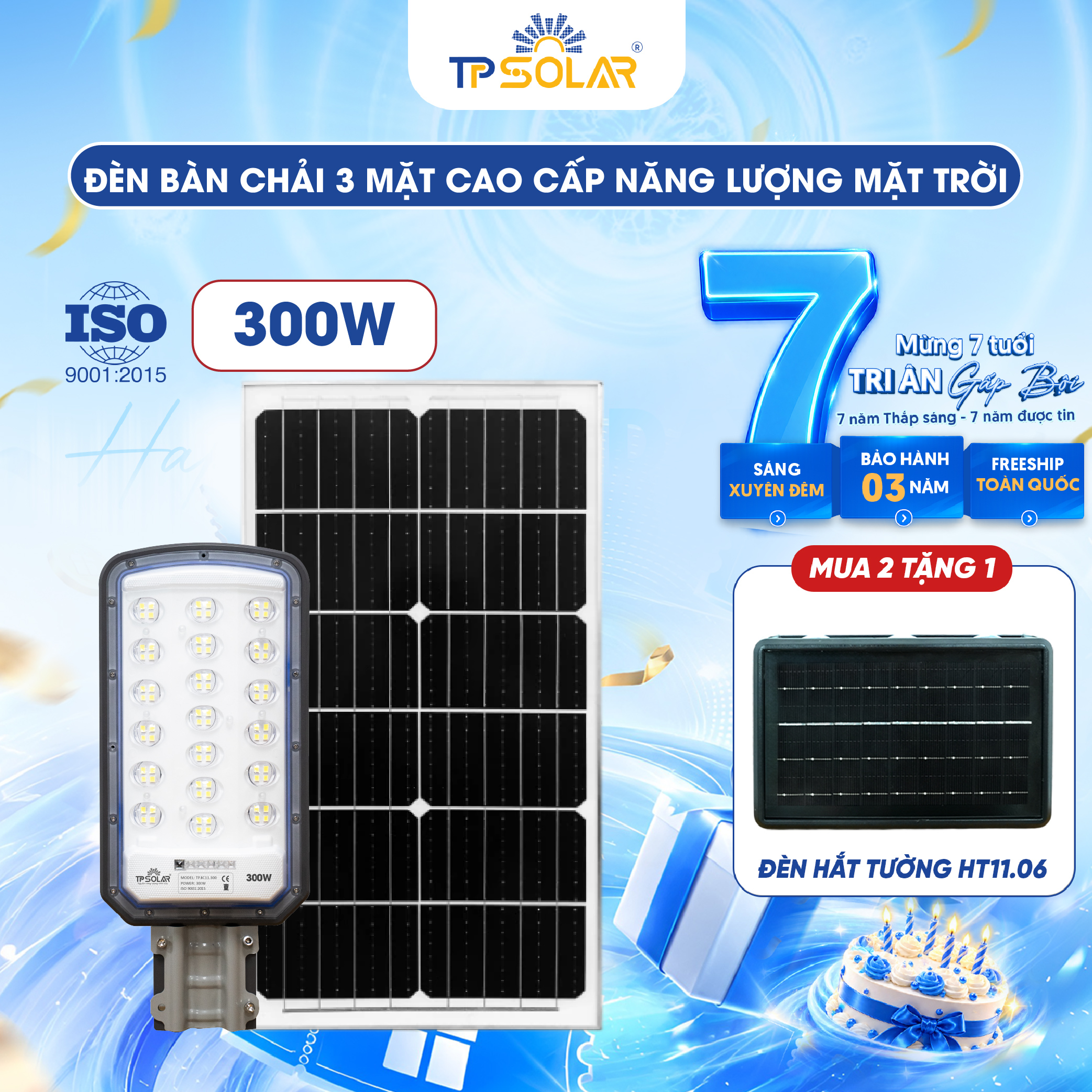 Đèn bàn chải mắt cầu lồi tỏa 3 mặt năng lượng mặt trời TP SOLAR BC11