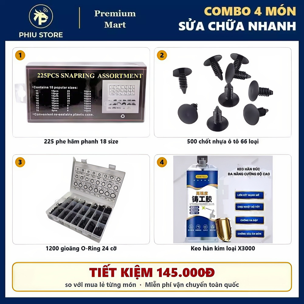 Combo Sửa Chữa Nhanh Ô Tô Xe Máy 4 Món - 225 Phe Hãm, 500 Chốt Nhựa, 1200 Gioăng O-Ring, Keo Hàn X3000