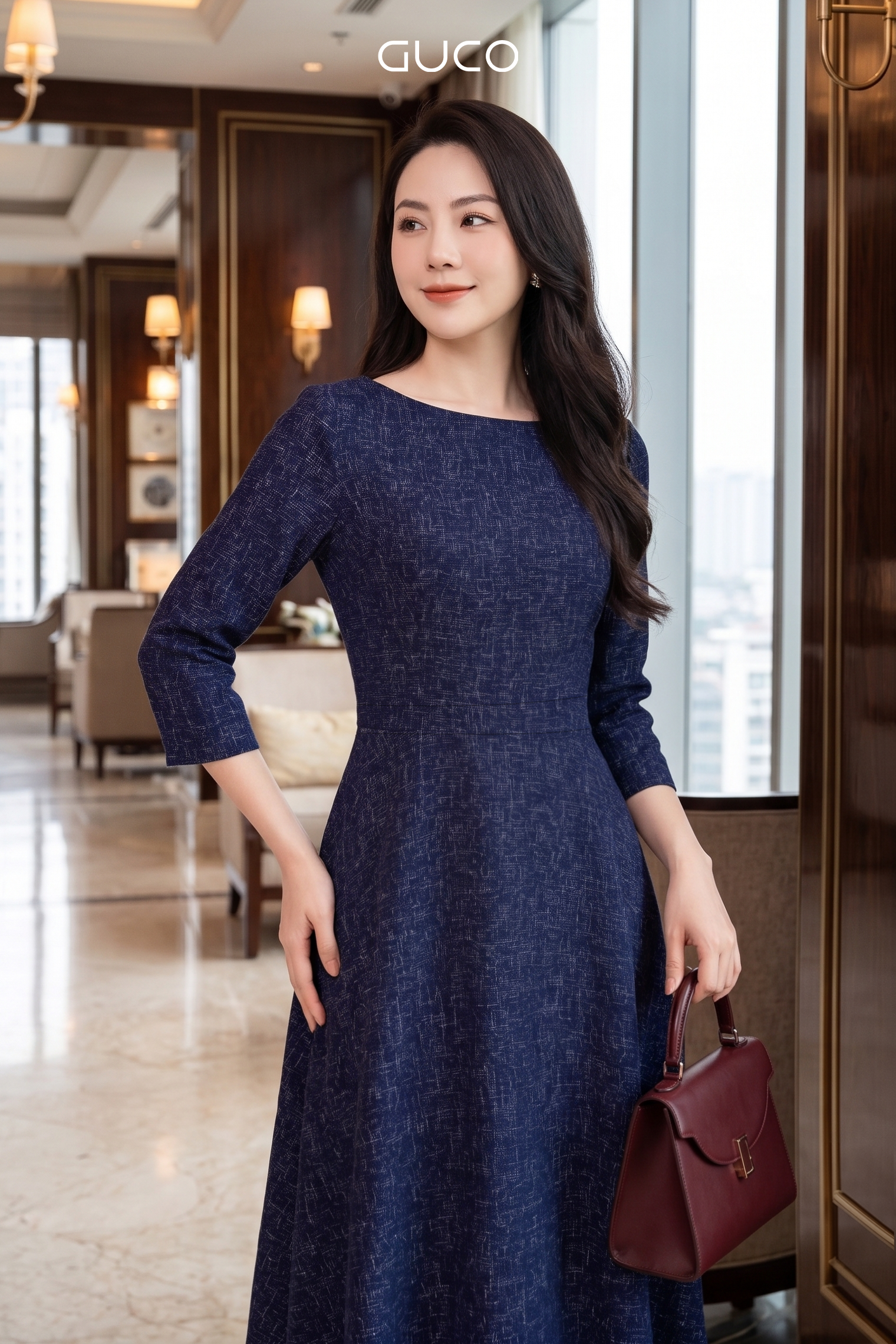 Đầm Xòe Dạ Tweed Xanh Đen Tay Lỡ - 5284_thumbnail_2