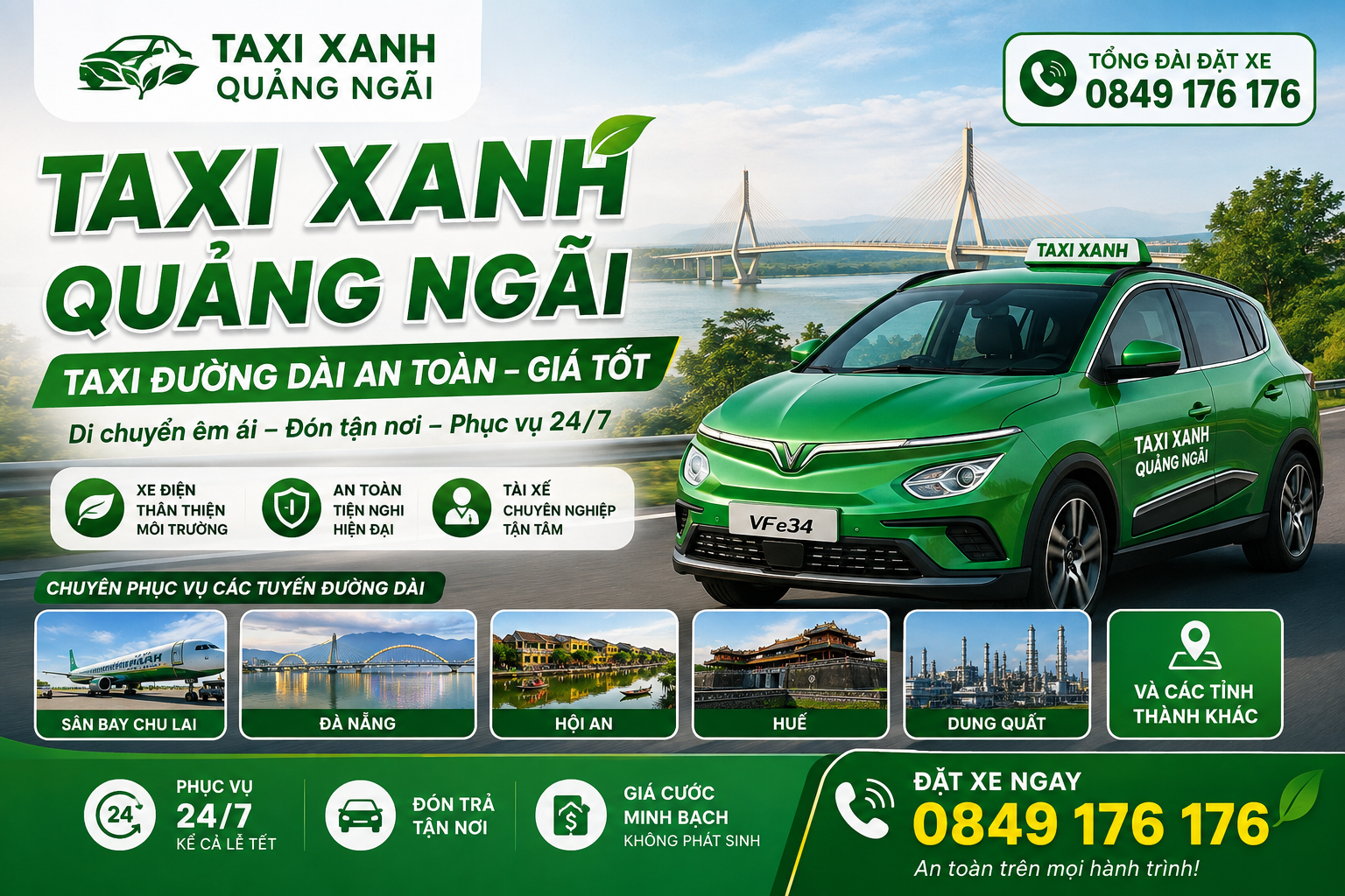 Taxi Xanh Quảng Ngãi Taxi Đường Dài An Toàn Giá Tốt 24/7