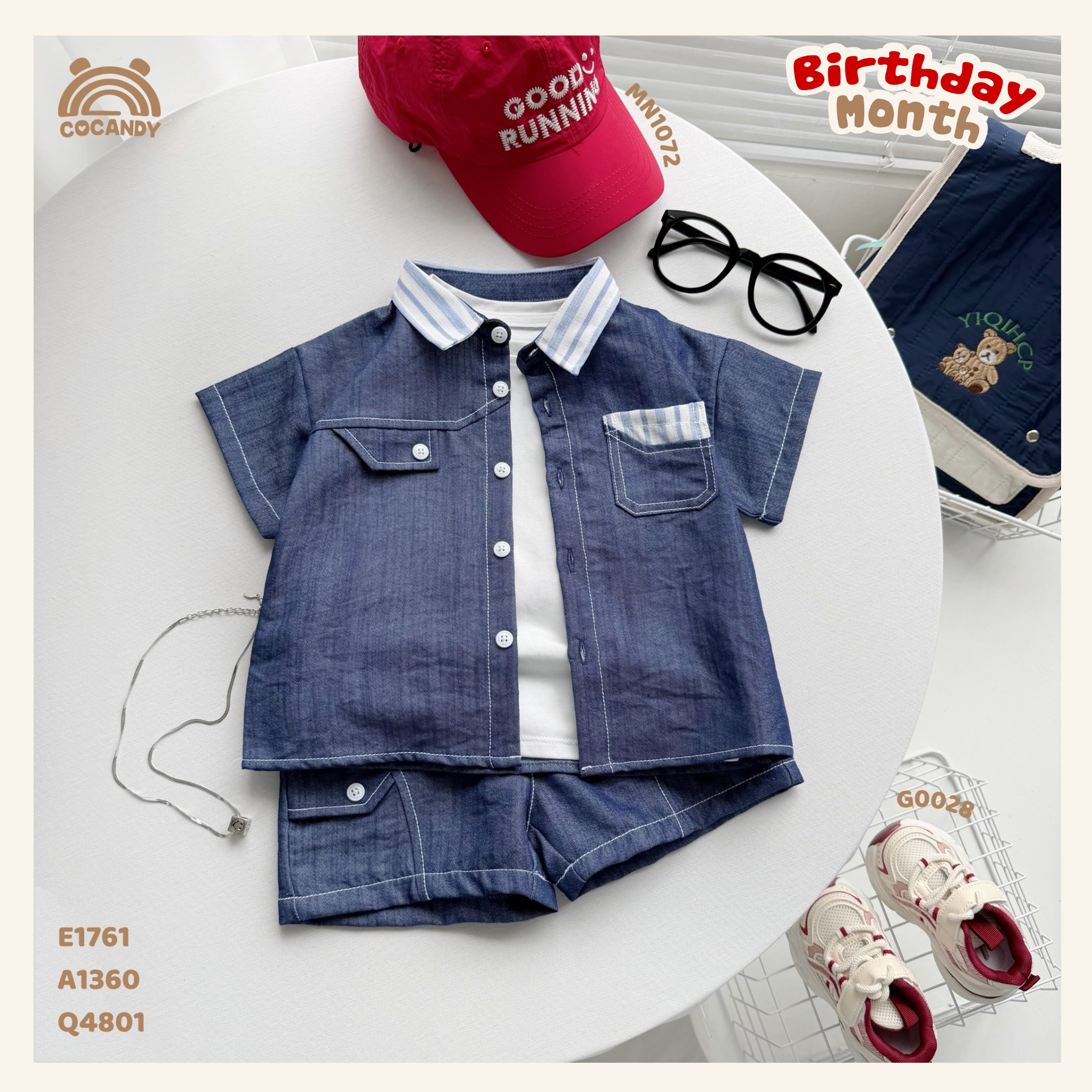 Áo cộc jeans XANH phối cổ sọc kẻ