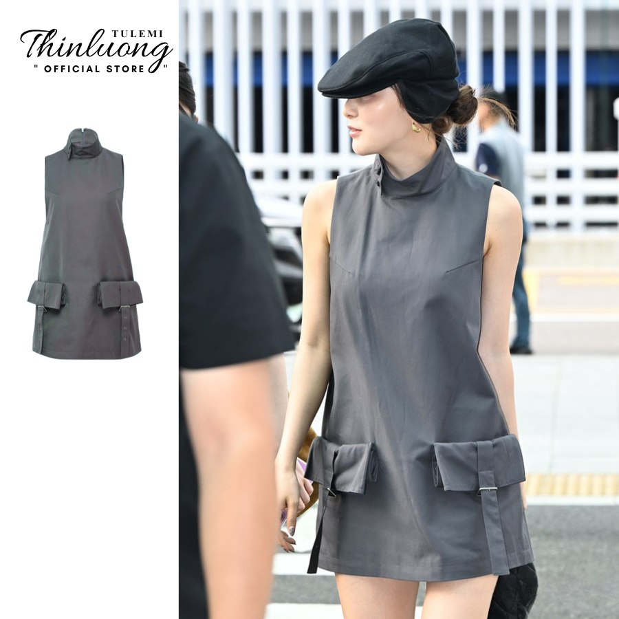 Đầm cổ lọ dáng chữ a phong cách dễ thương màu xám Wonyoung và Seulgi