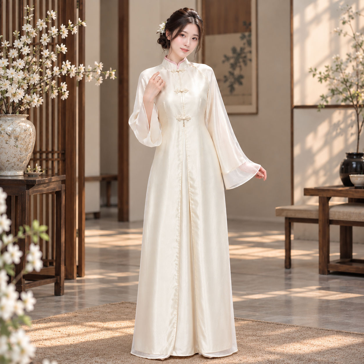 Áo Dài Cách Tân Nữ Cổ Đứng Dáng Suông Tay Loe Kèm Choàng Nhật Bình Voan Tơ Lụa - CT27-04_thumbnail_1