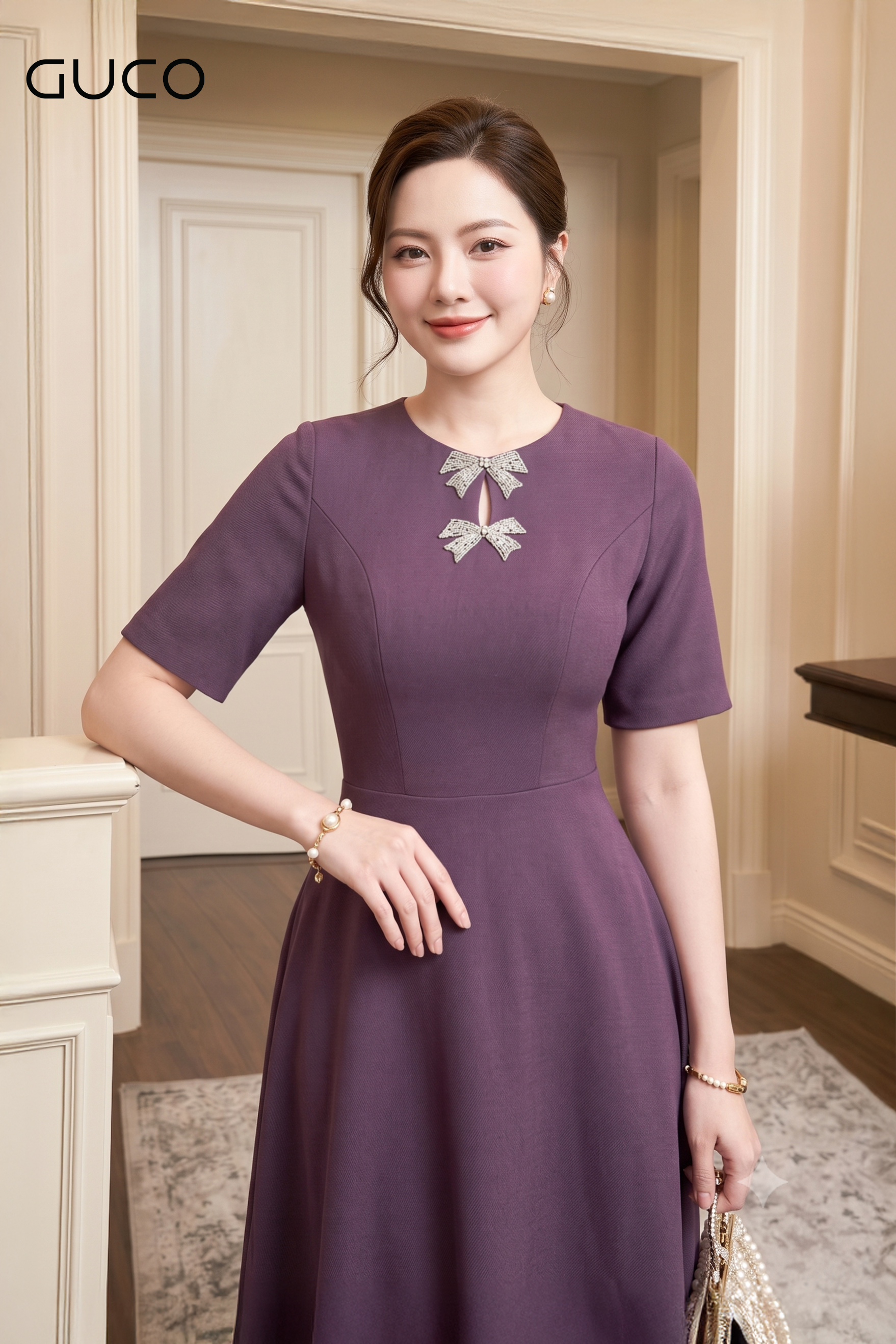 Đầm Xòe Tím Cổ Giọt Lệ Đính Đá_thumbnail_1