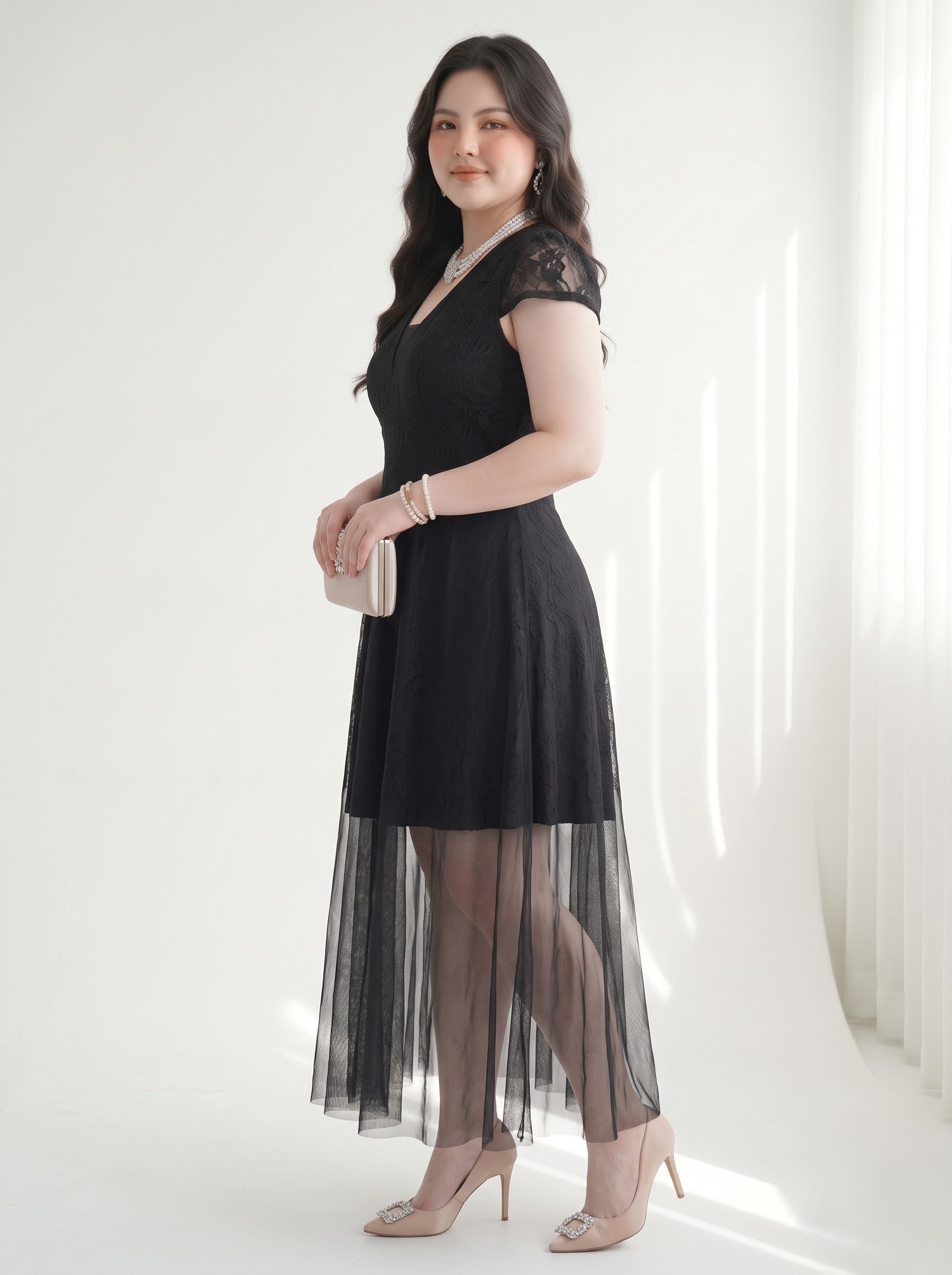Đầm Ren Lông Vũ Phối Lưới Bigsize Nữ Dáng Dài 3 Lớp, Không Co Giãn - Vừa 55–90kg - V-DA245_thumbnail_1