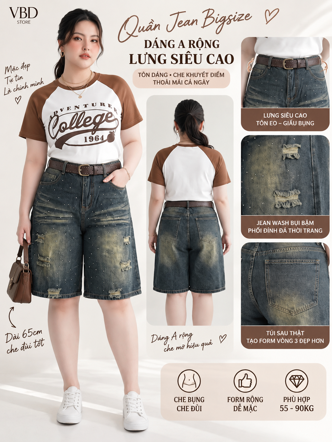 Ảnh minh họa T-QSJ84 với form trước sau và cận lưng, bề mặt wash ép đá, túi sau