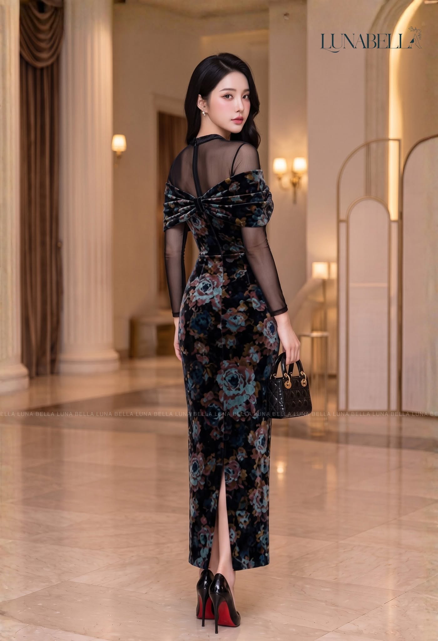 Váy nhung dài hoạ tiết hoa ODELIS màu ĐEN_thumbnail_1