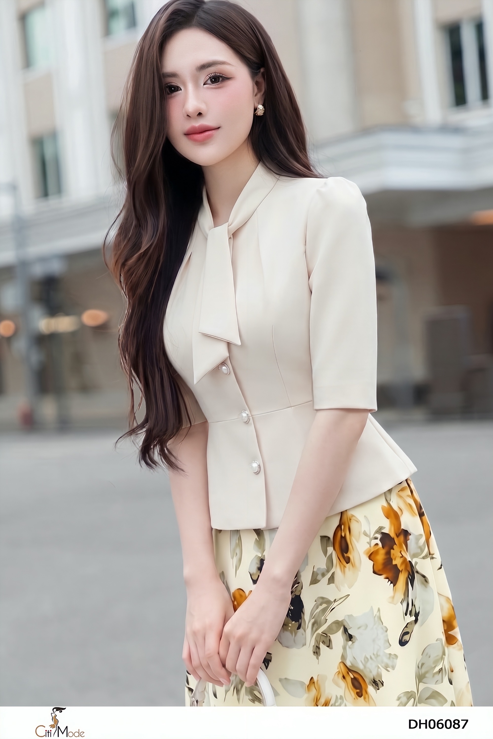 Đầm xòe hoa phối kem cổ nơ tay lỡ_thumbnail_2