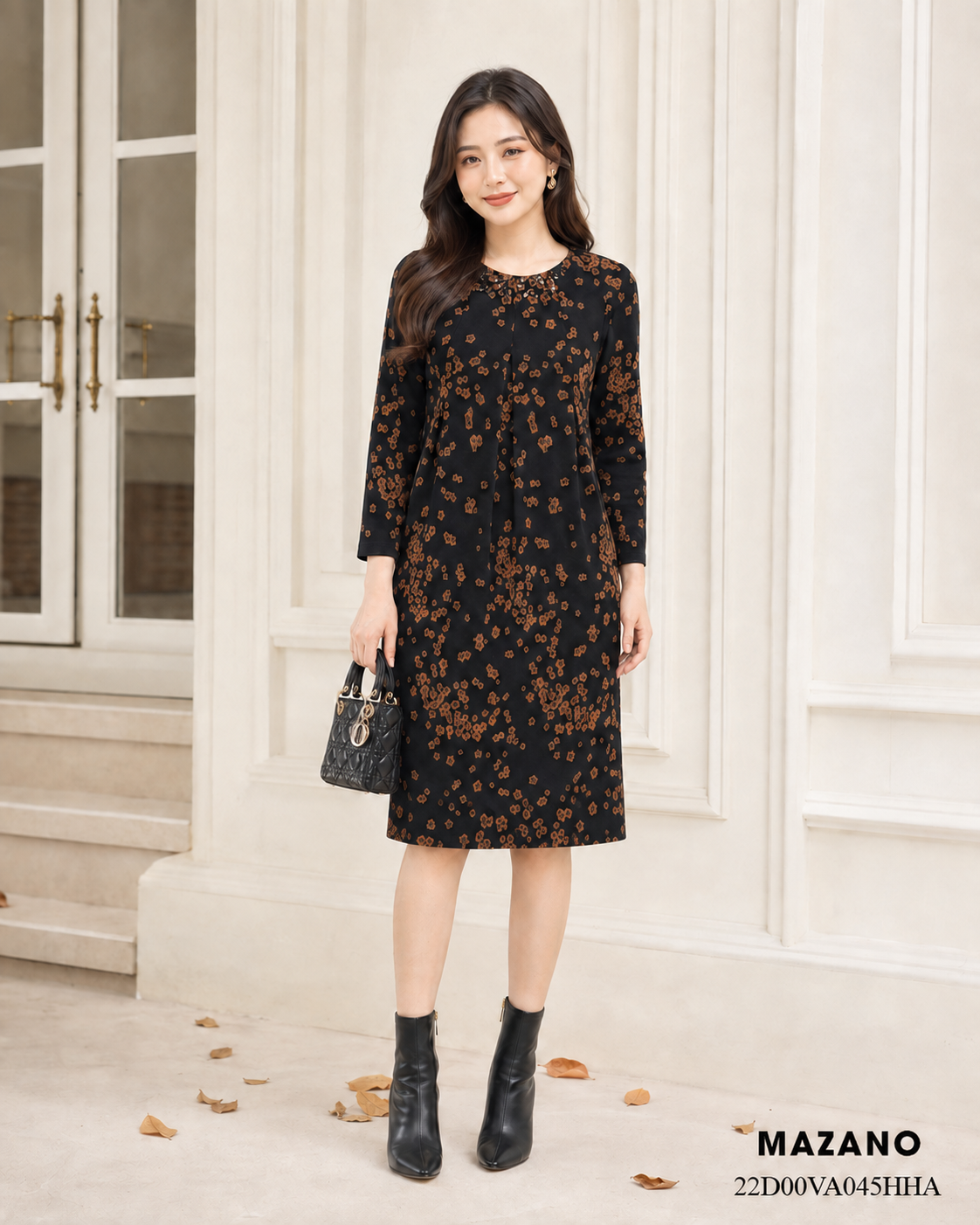 Đầm len họa tiết suông xếp ly cổ