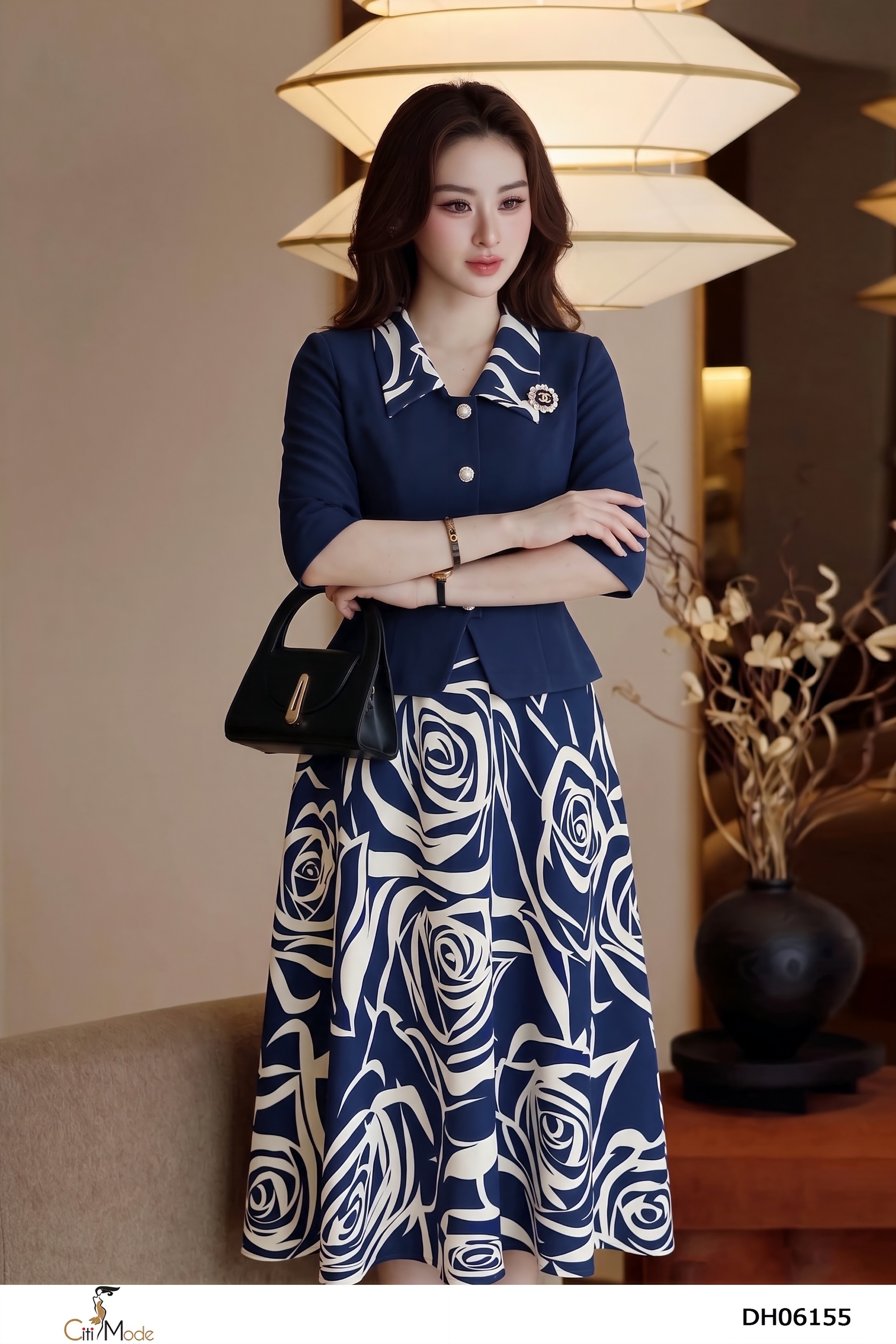 Đầm xòe giả set  xanh đen phối trắng tay lỡ cách điệu_thumbnail_2