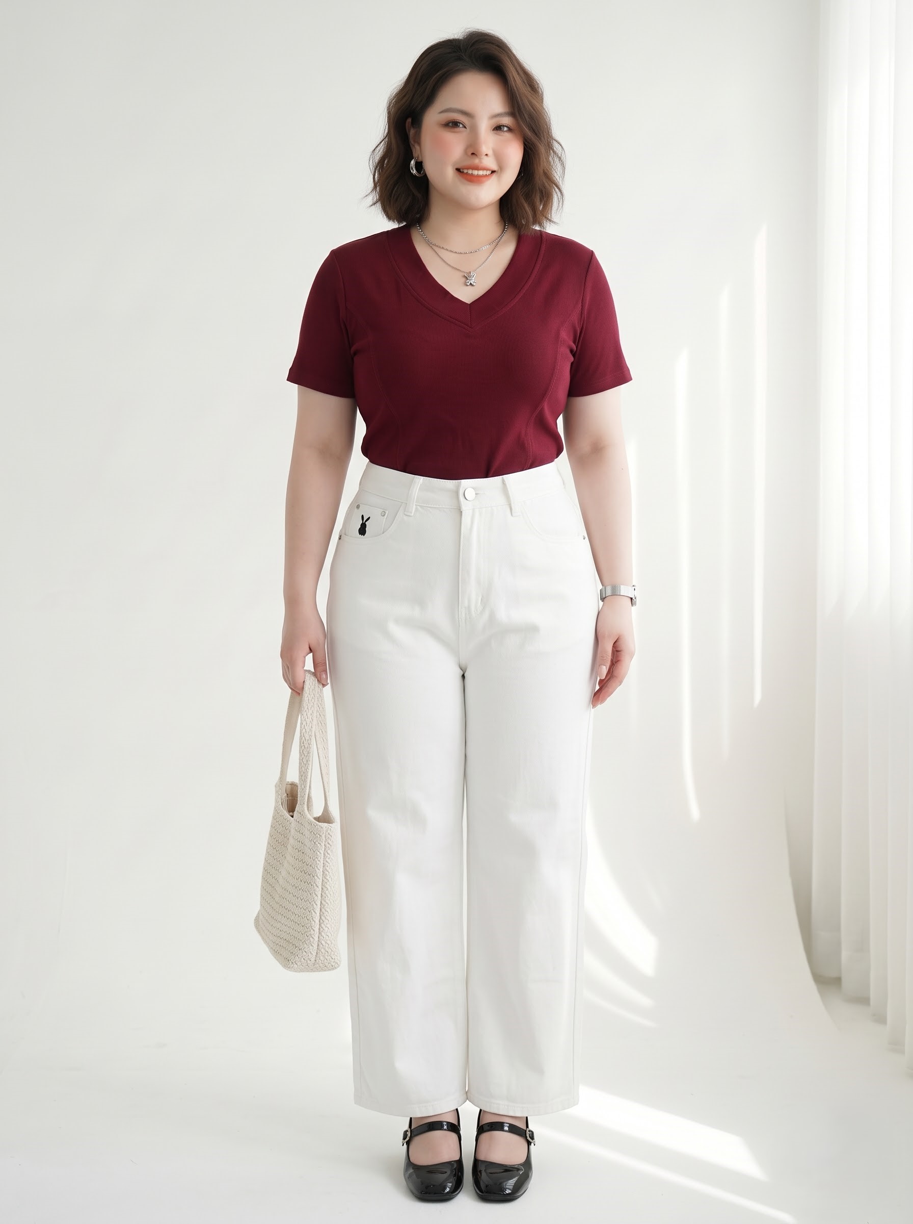 Quần Jean Ống Suông Nấm Thêu Thỏ Bigsize Cạp Cao Không Co Giãn - Be, Đen, Trắng - Vừa 55–90kg - T-QJ5045_thumbnail_5