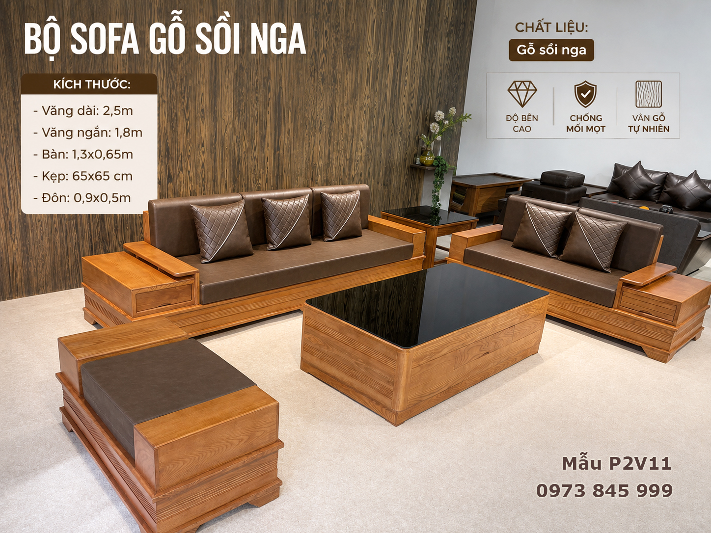 Sofa 2 văng chân pháo gỗ sồi Nga màu vàng nâu tự nhiên với đệm da màu nâu