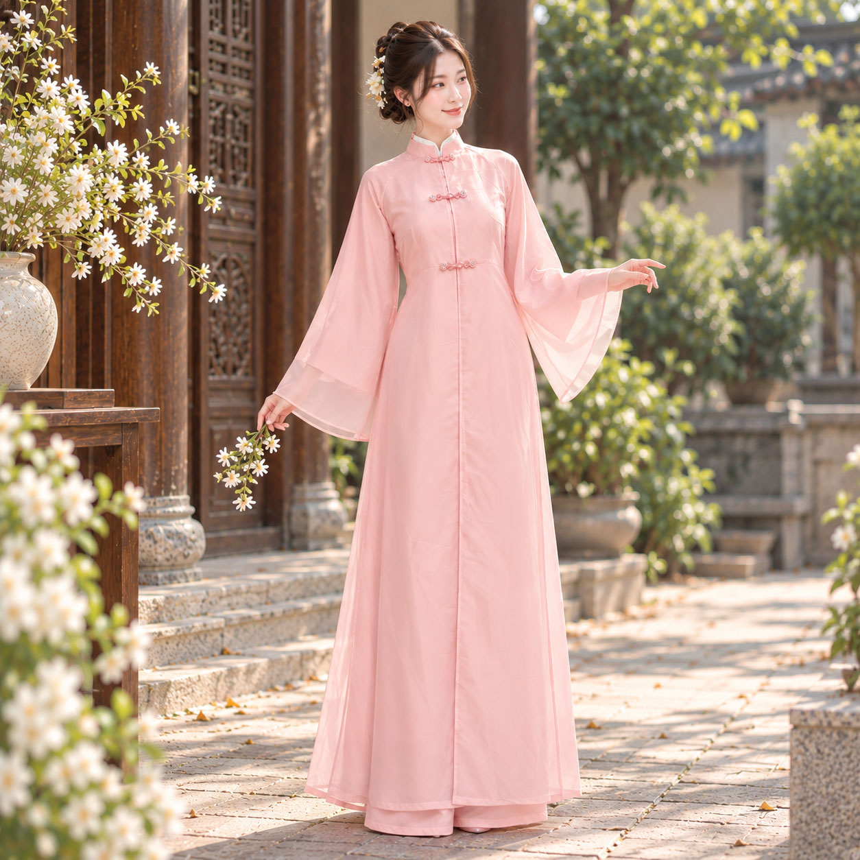 Áo Dài Cách Tân Nữ Cổ Đứng Dáng Suông Tay Loe Kèm Choàng Nhật Bình Voan Tơ Lụa - CT27-04_thumbnail_6