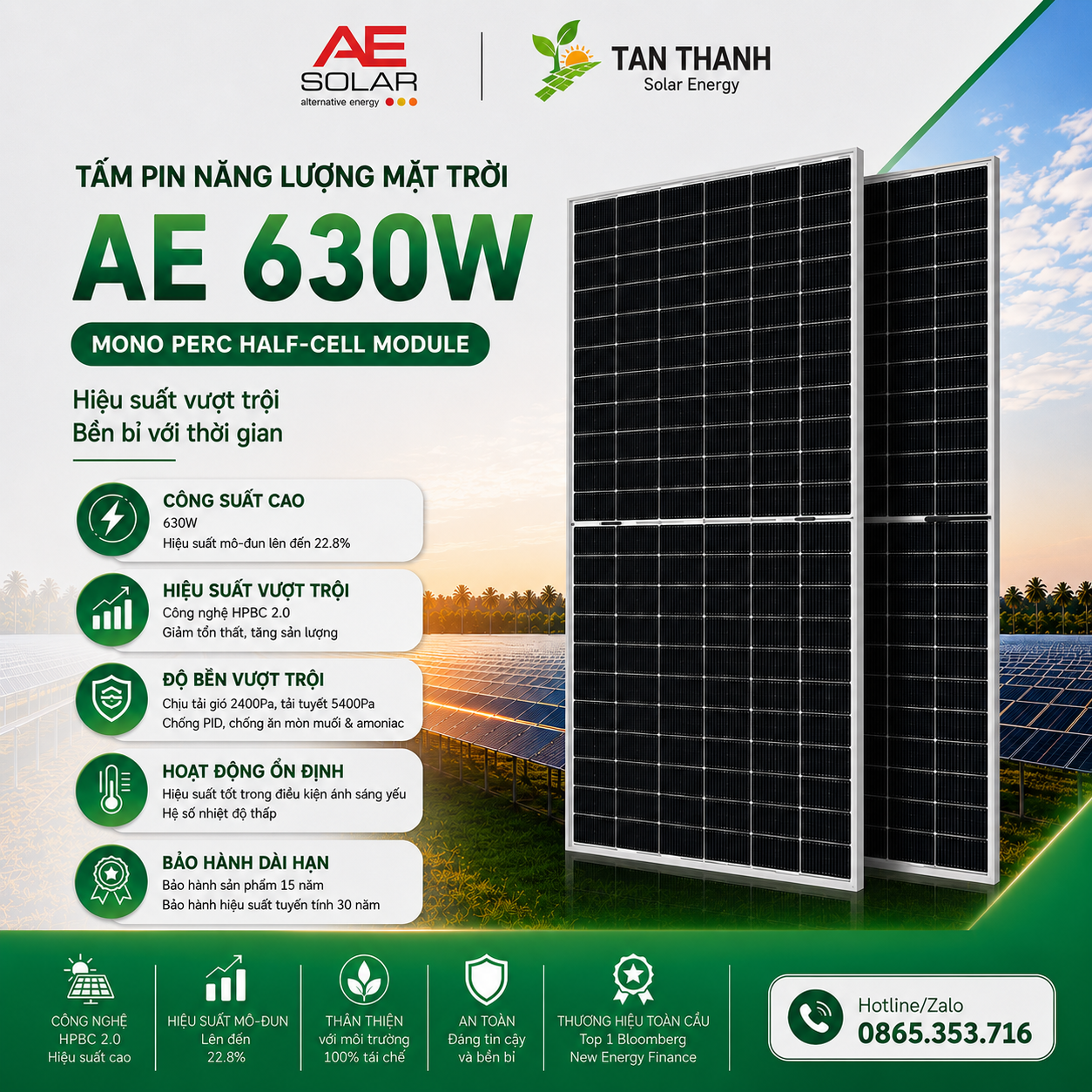 Tấm Pin Năng Lượng Mặt Trời AE Solar 630W