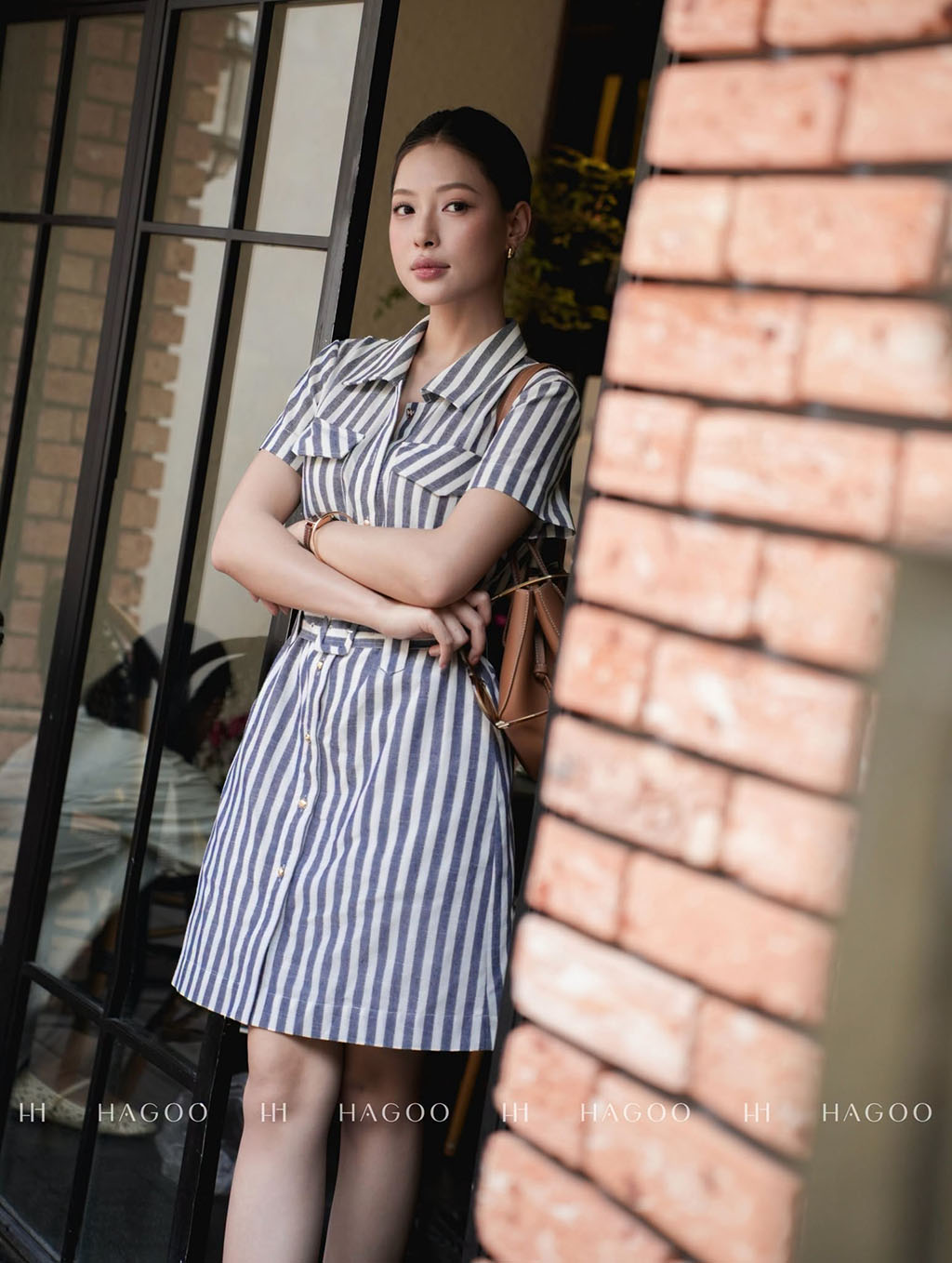 HAGOO A-line dress with short sleeves and Peter Pan collar