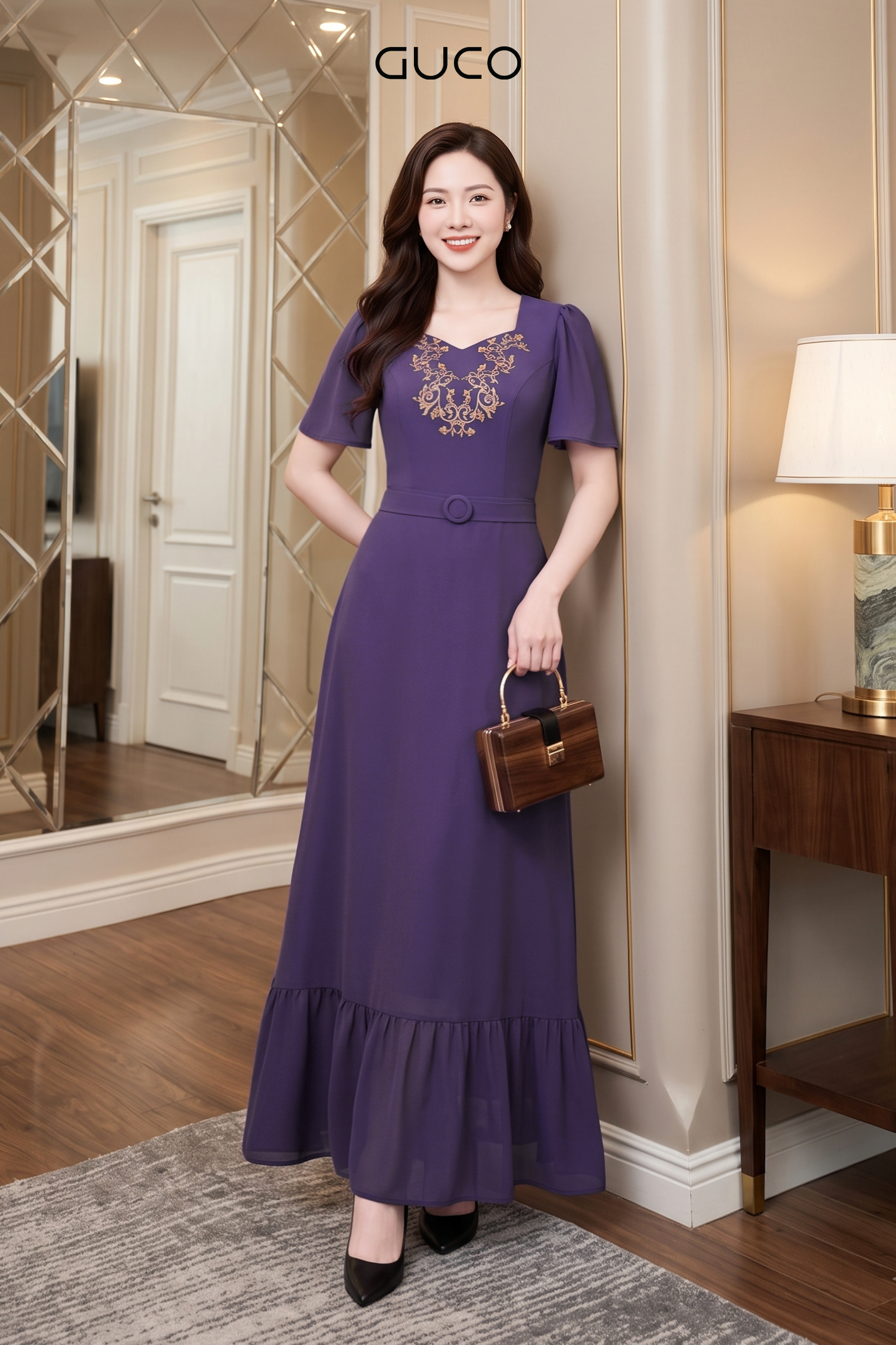 Đầm Midi Tím Lavender Thêu Hoa Cổ V_thumbnail_2