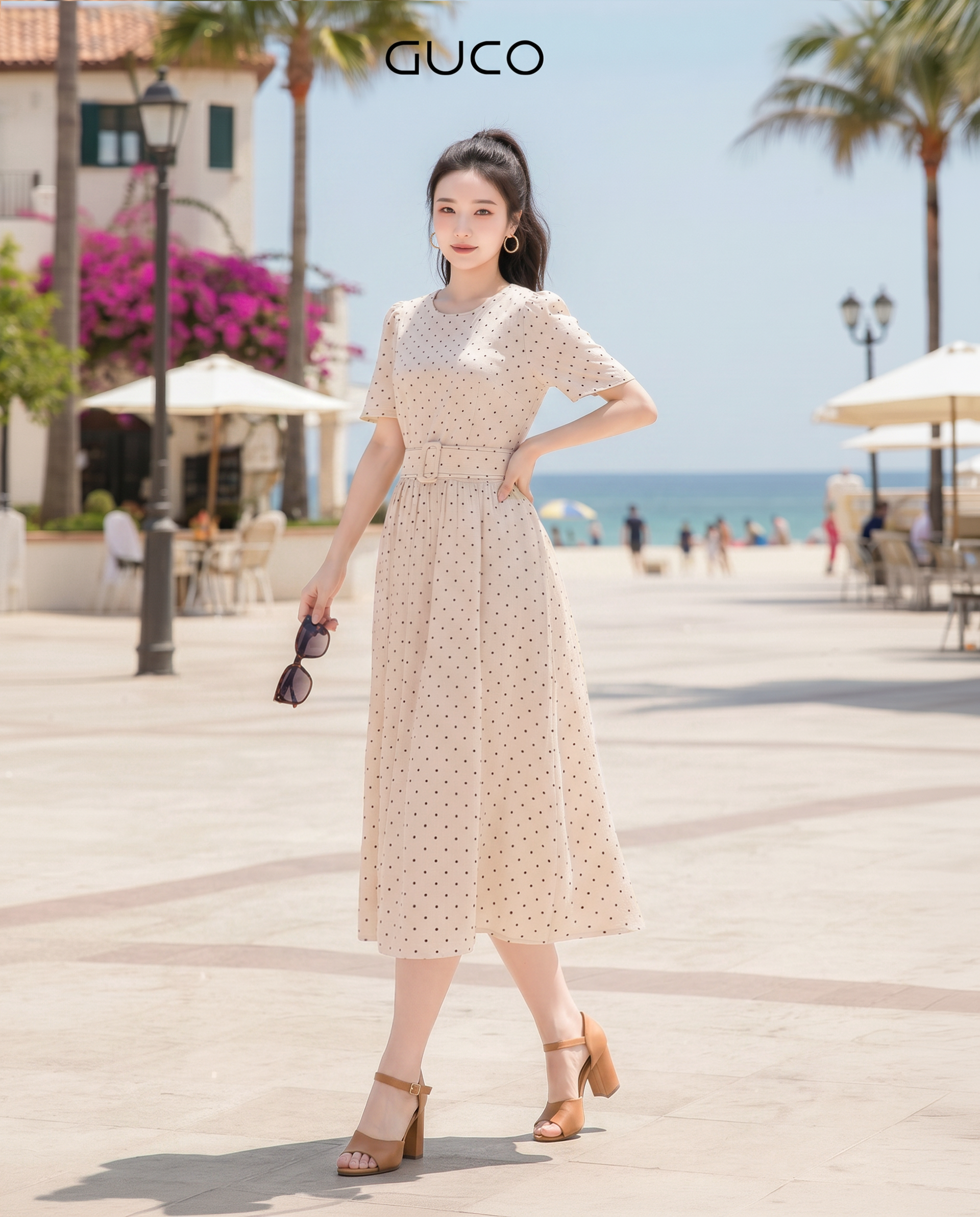 GUCO Đầm Kem Ngọc Trai Chấm Bi Tiểu Thư