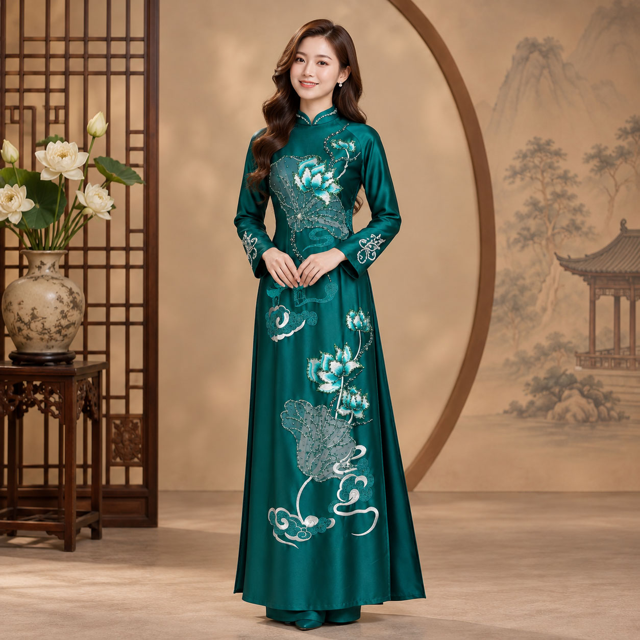Áo Dài Mẹ Cô Dâu Chú Rể Ruby Thêu Hoa Sen Cao Cấp AM26-19
