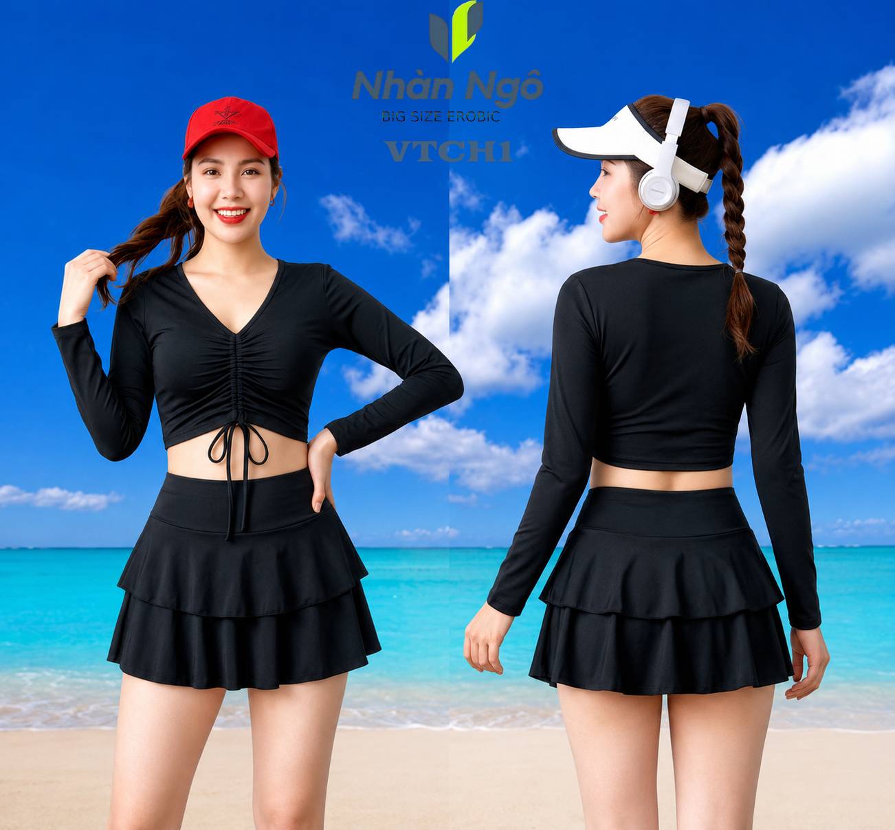 Bộ bơi váy tầng + áo croptop rút dây tay dài màu hoa VTCH_thumbnail_8
